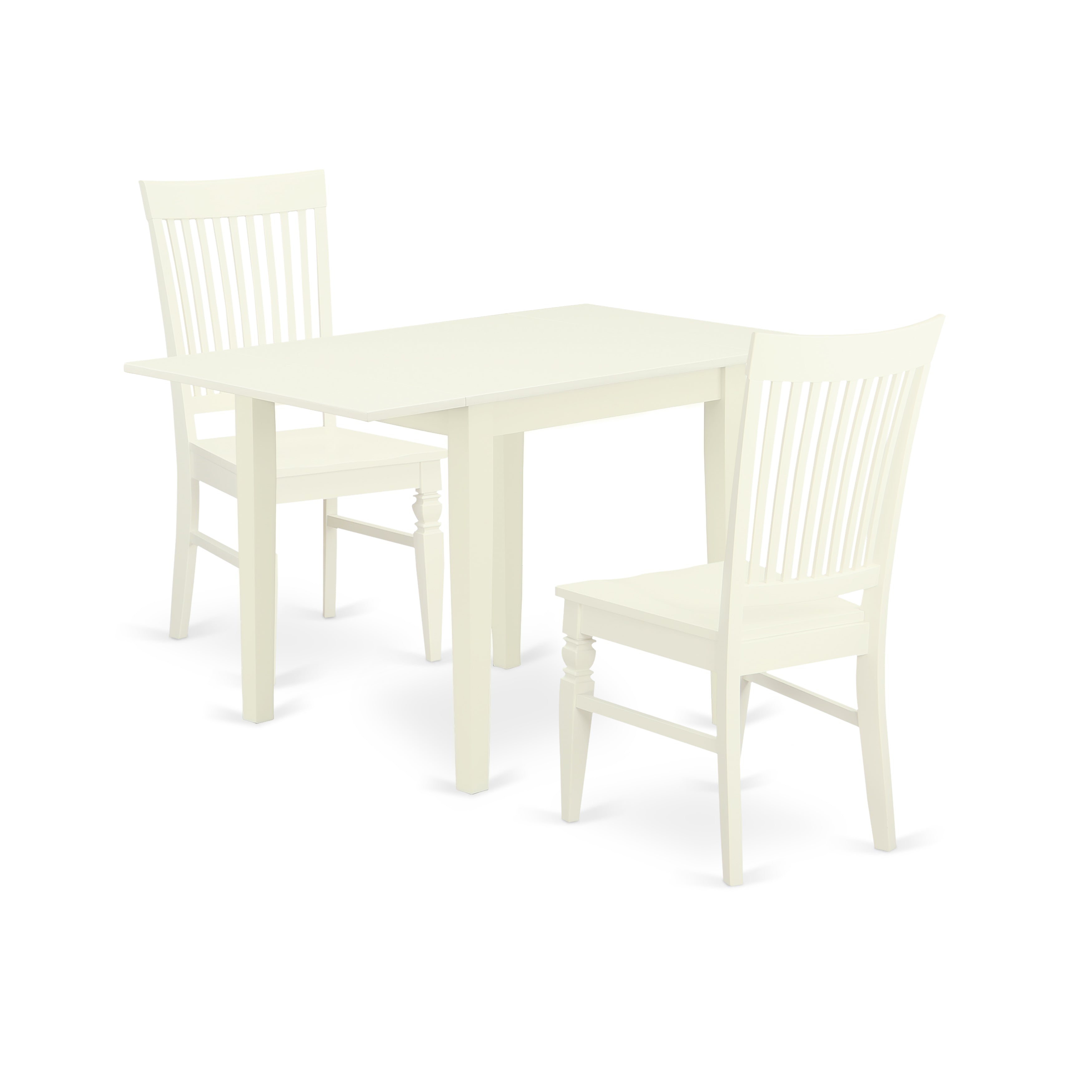 East West Furniture NDWE3-LWH-W, 3Pc Wood Dining Table Set Consists of a Drop Leaf Table and 2 Wooden Dining Chairs with Solid Wood Seat and Slat Back, Linen White Finish