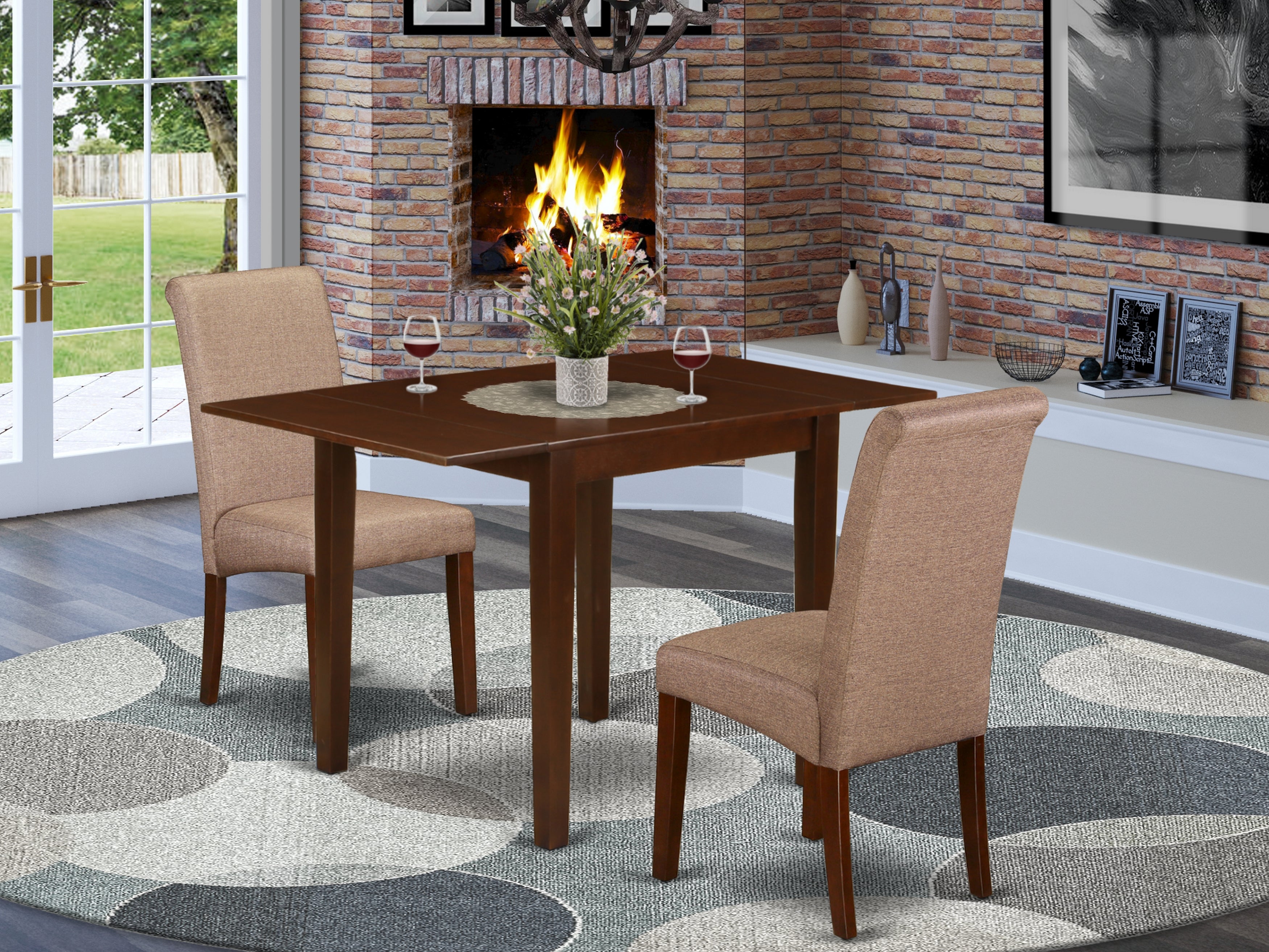 East West Furniture NDBA3-MAH-18 Dining Room Table Set 3 Pc - Two Dining Chairs and a Dining Room Table - Mahogany Finish Solid wood - Brown Color Linen Fabric
