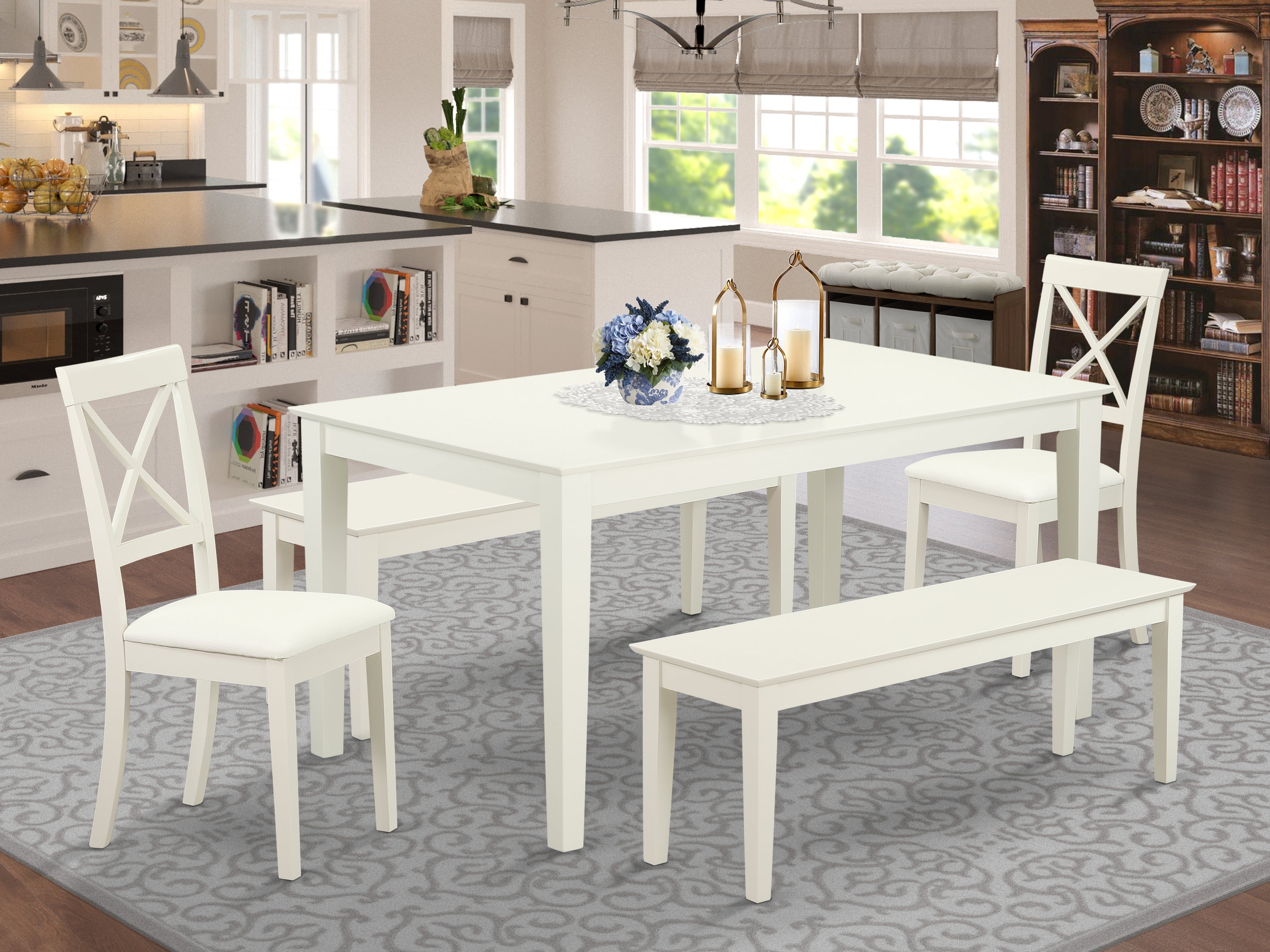 CABO5C-LWH-LC 5 Piece dining table set for 6-Dining room table and 2 Faux Leather Chairs and 2 Benches in Linen White