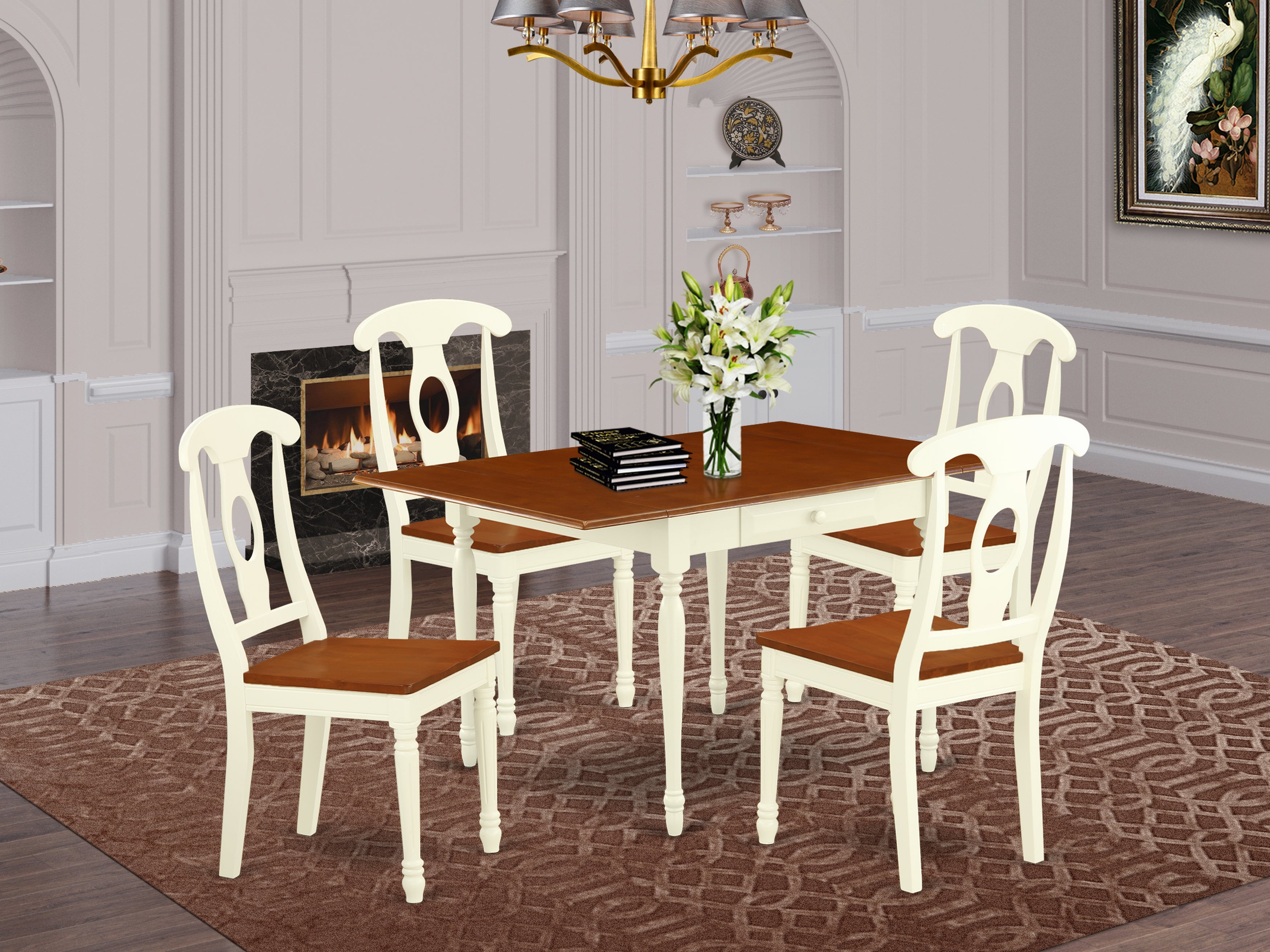 East West Furniture MZKE5-WHI-W 5 Pieces Dining Room set - Durable Drop Leaf Hardwood Dining Table and 4 Real Wood Seat Dining Chairs, Buttermilk and Cherry Finish