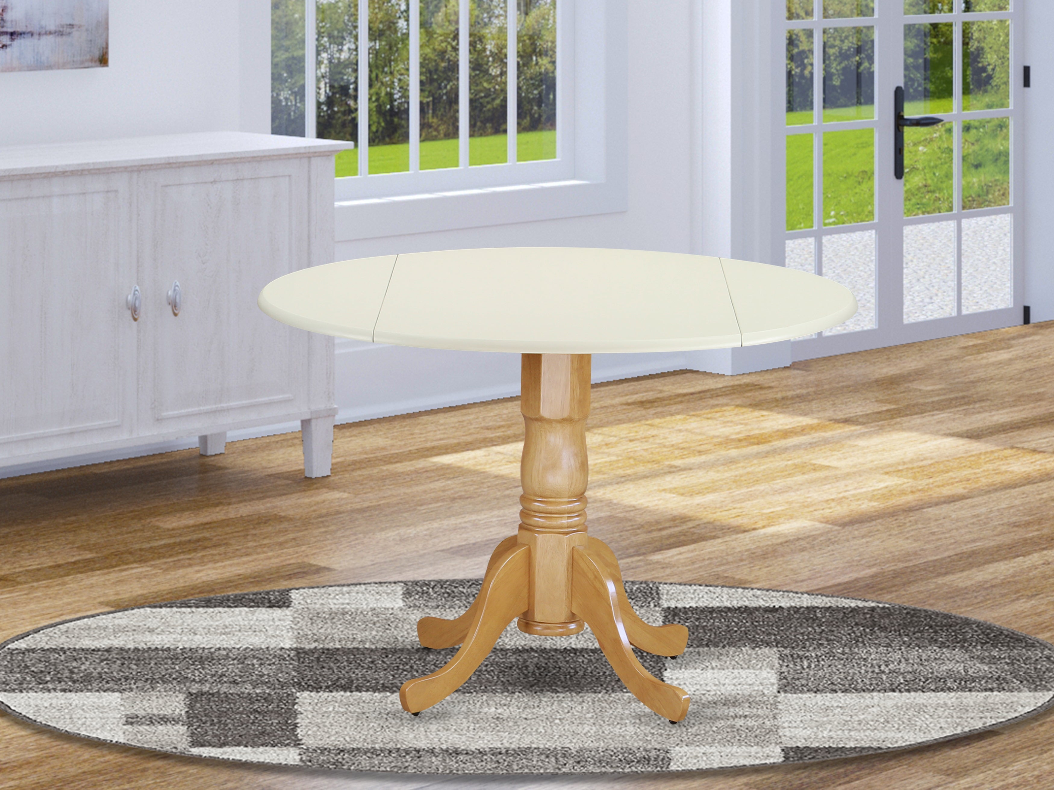 DLT-LOK-TP Dublin Round Table with two 9" Drop Leaves - Linen White and Oak Finish