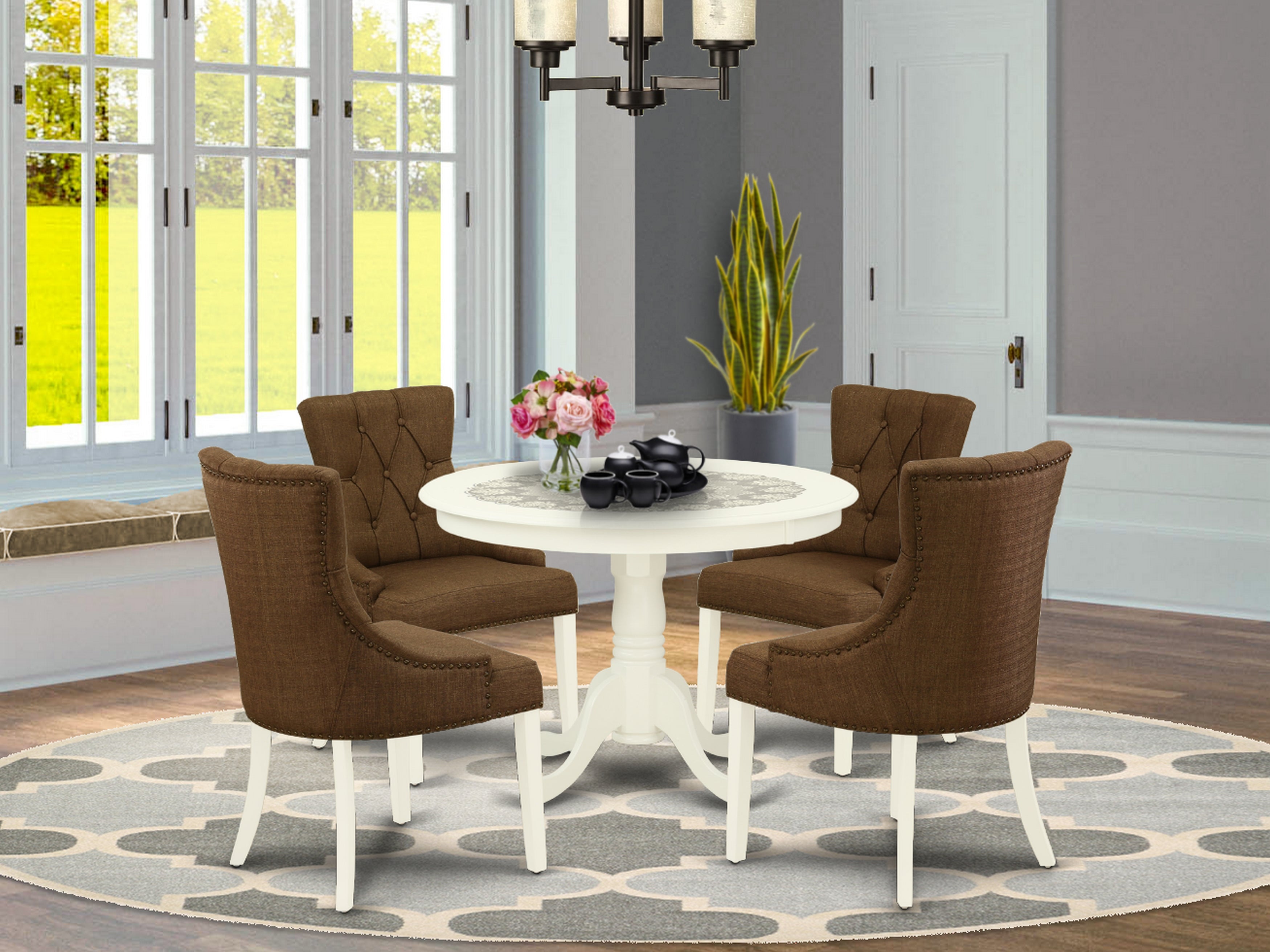 HLFR5-LWH-18 5Pc Dining Set Includes a Round Dinette Table and Four Parson Chairs with Dark Coffee Fabric, Linen White Finish