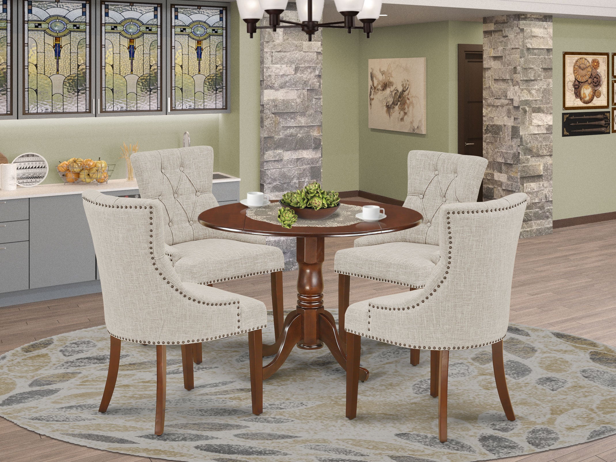 DLFR5-MAH-05 5Pc Dining Set Includes a Round Dinette Table with Drop Leaves and Four Parson Chairs with Doeskin Fabric, Mahogany Finish