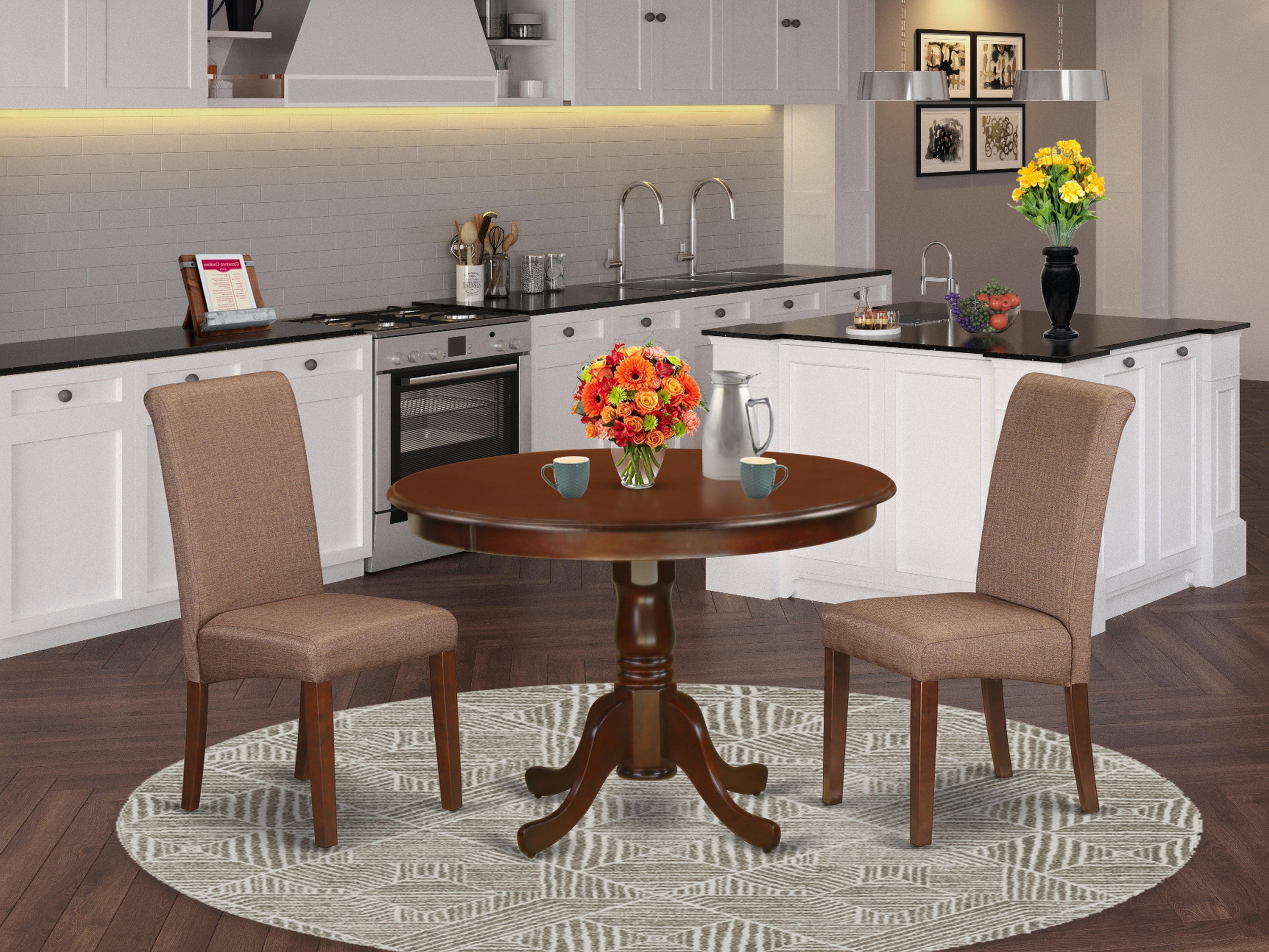 HLBA3-MAH-18 3Pc Small Round table with linen brown fabric dining chairs with mahogany chair legs