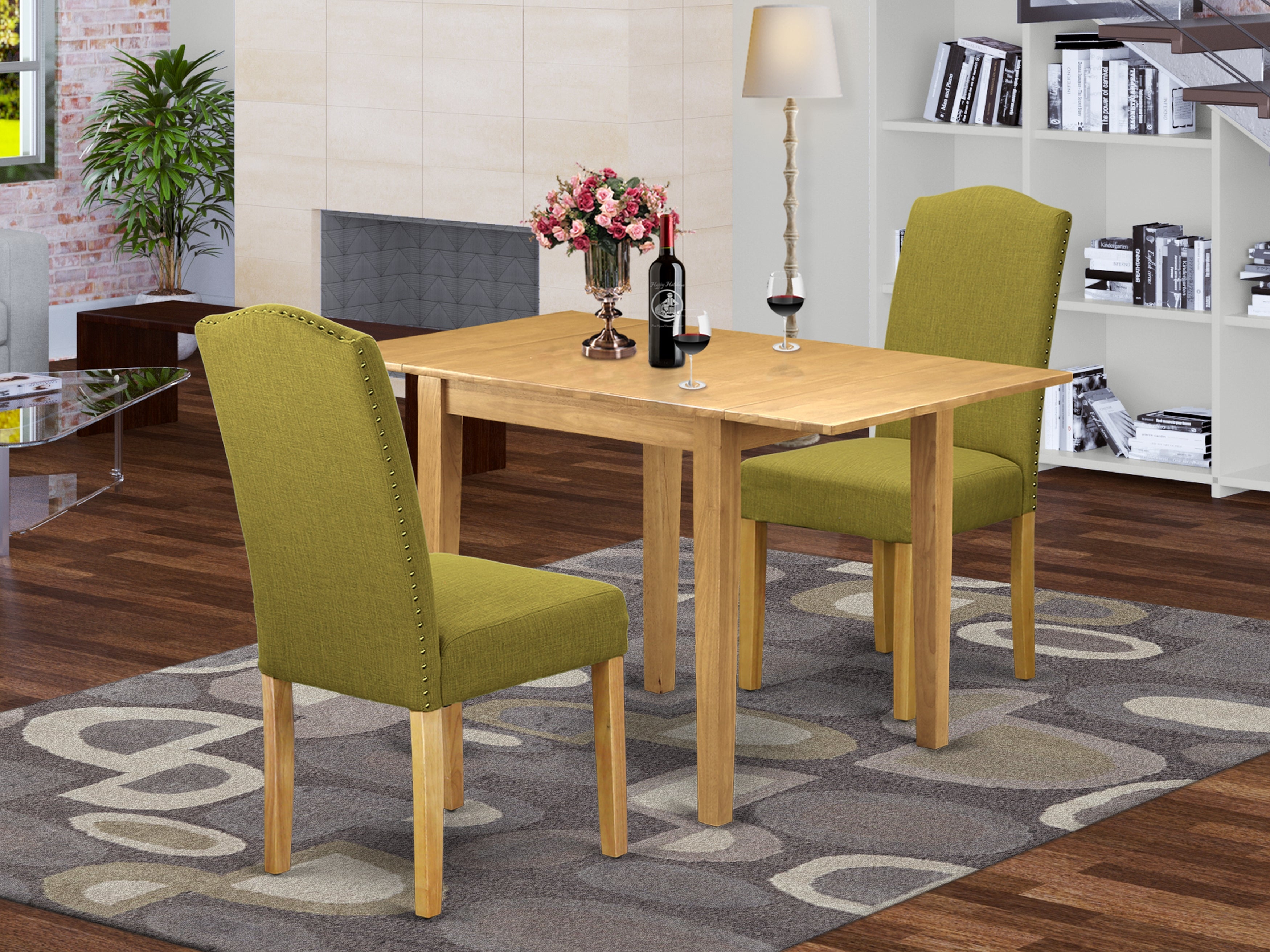 East West Furniture NDEN3-OAK-08 Modern Dining Table Set 3 Pcs - 2 Parson Dining Chairs and a Wooden Table - Oak Finish Wood - Light Pickle Color Linen Fabric