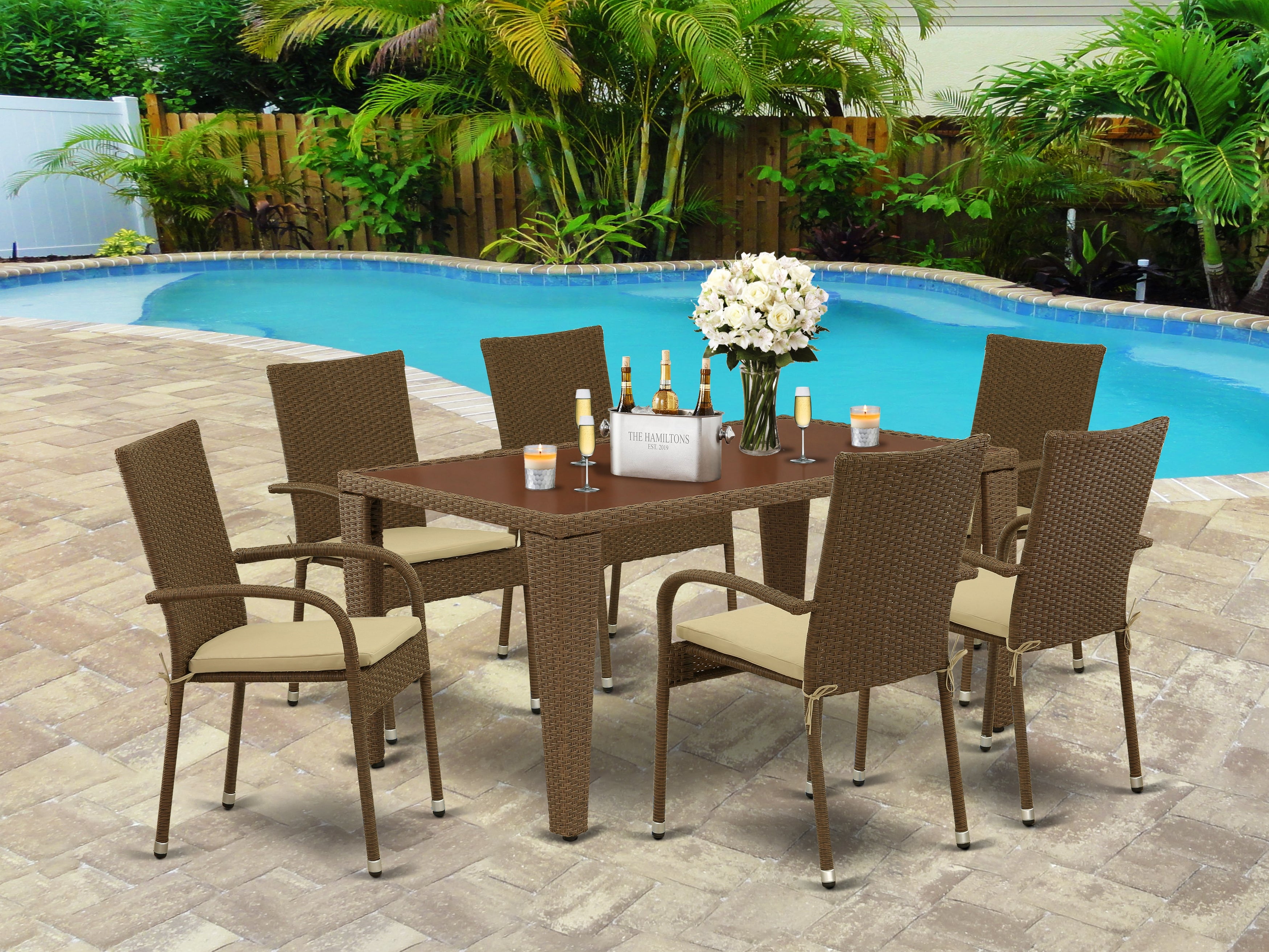 GUGU7-02A 7Pc Outdoor-Furniture Brown Wicker Dining Set Includes a Patio Table and 6 Balcony Backyard Armchair with Linen Fabric Cushion