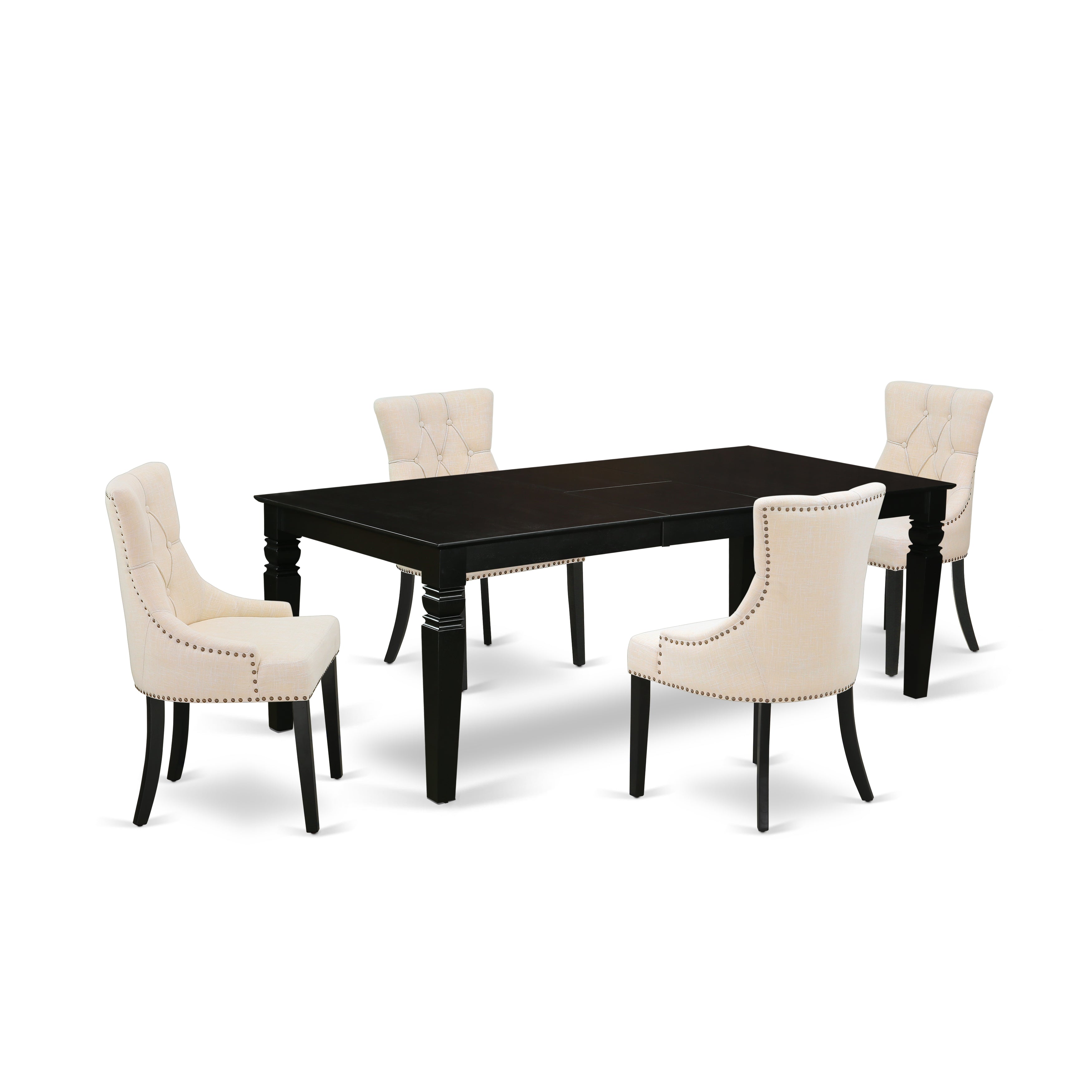 LGFR5-BLK-02 5Pc Dining Set Includes a Rectangle Dining Table with Butterfly Leaf and Four Parson Chairs with Light Beige Fabric, Black Finish