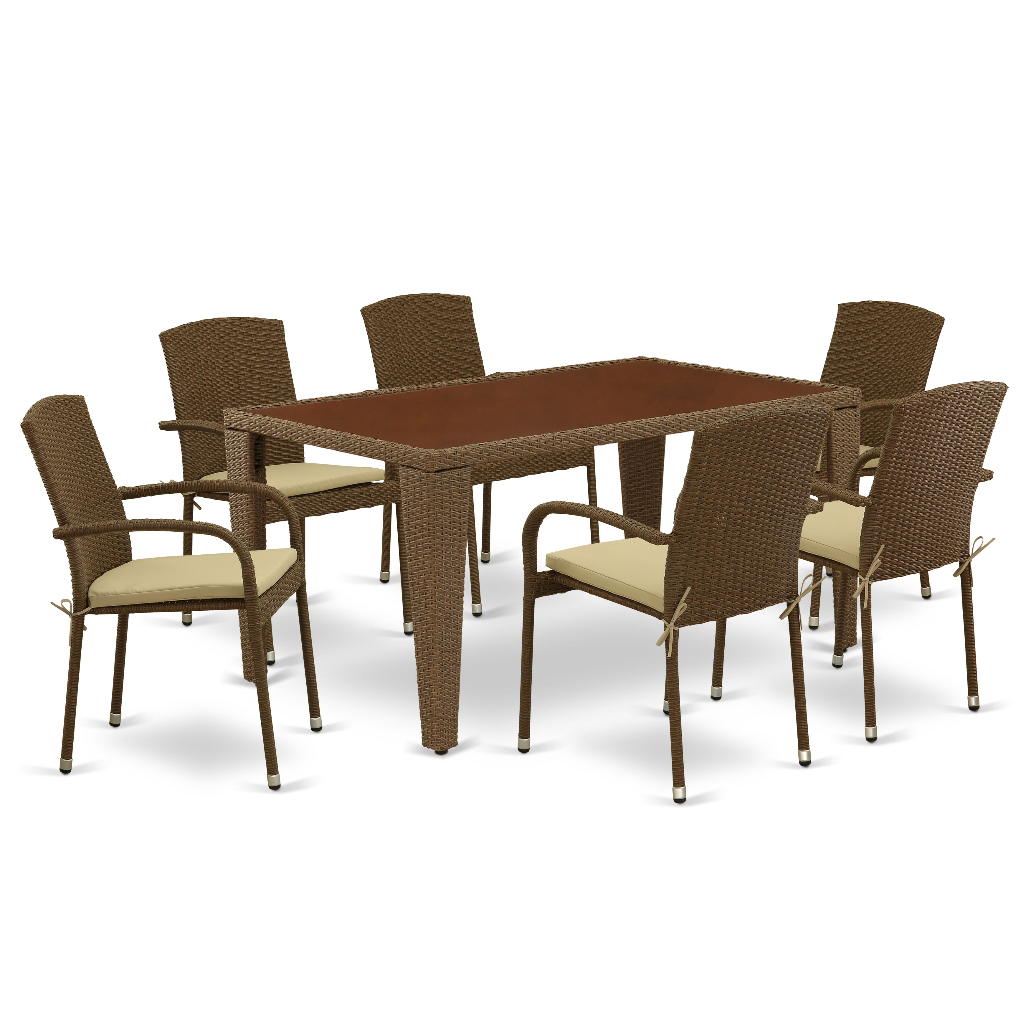 GUJU7-02A 7Pc Outdoor-Furniture Brown Wicker Dining Set Includes a Patio Table and 6 Balcony Backyard Armchair with Linen Fabric Cushion