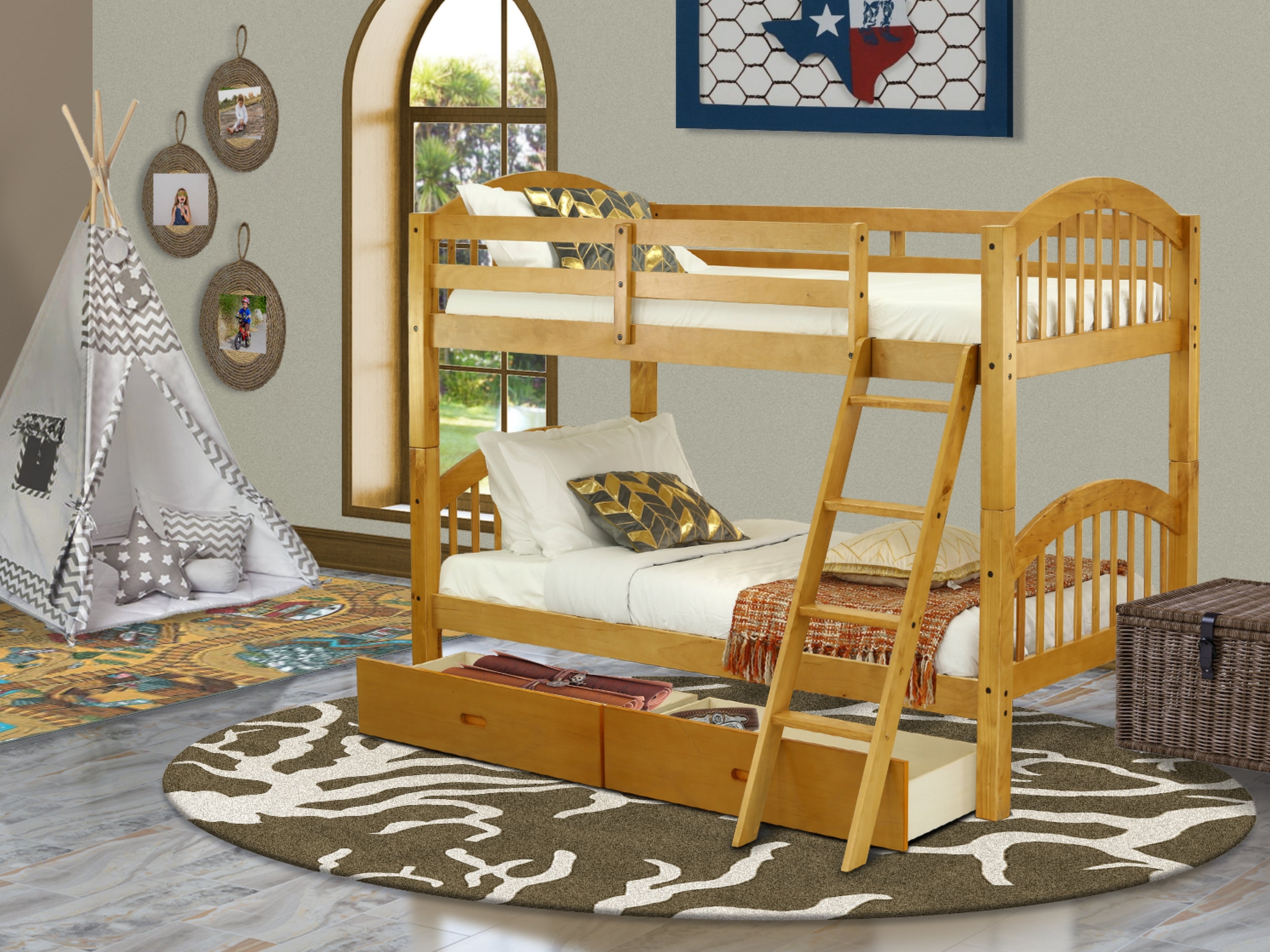 East West Furniture Verona Twin Bunk Bed in Natural Oak Finish with Under Drawer