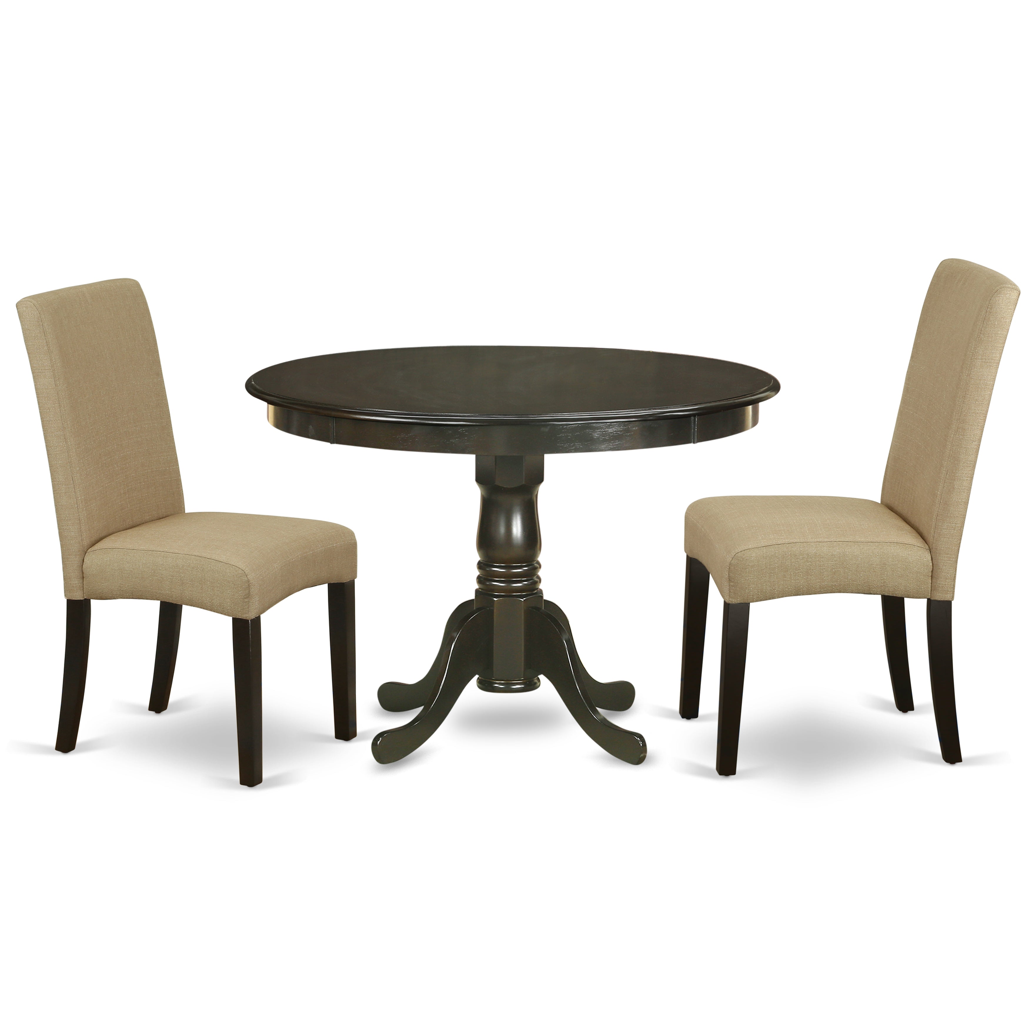 HLDR3-CAP-03 3Pc Round 42" Dining Table And Two Parson Chair With Cappuccino Finish Leg And Linen Fabric- Brown Color