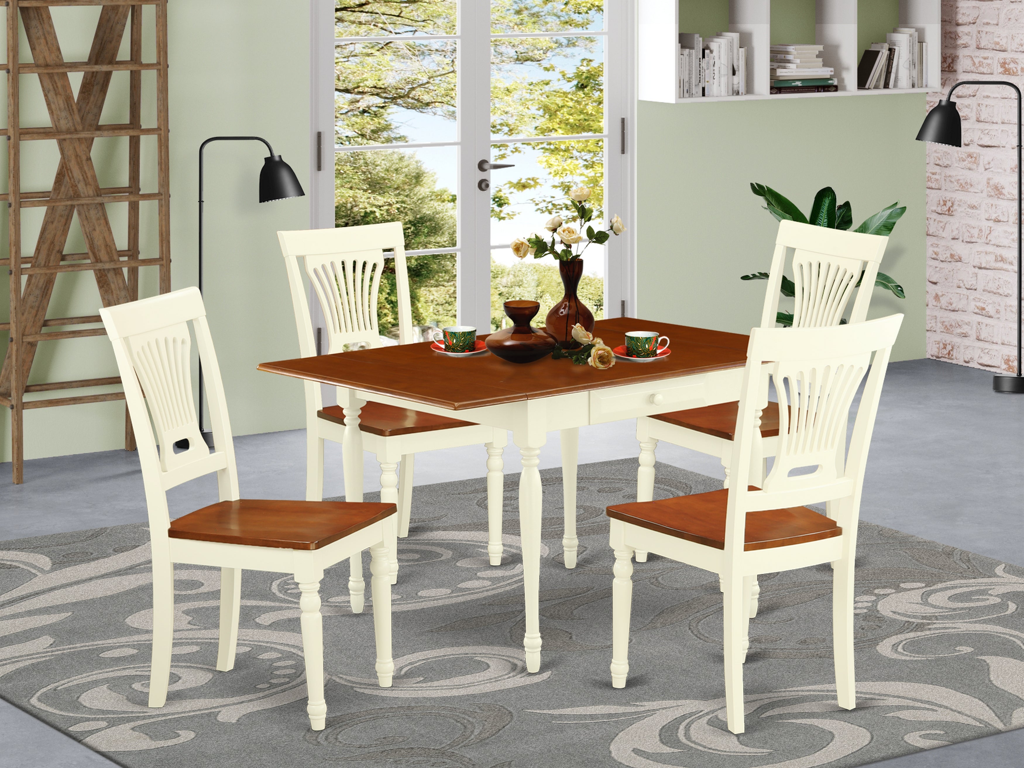 East West Furniture MZPL5-WHI-W 5 Pieces Kitchen Dinette set - Robust Drop Leaf Solid Wood Kitchen Table and 4 Solid Wood Seat Kitchen Dining Chairs, Buttermilk and Cherry Finish