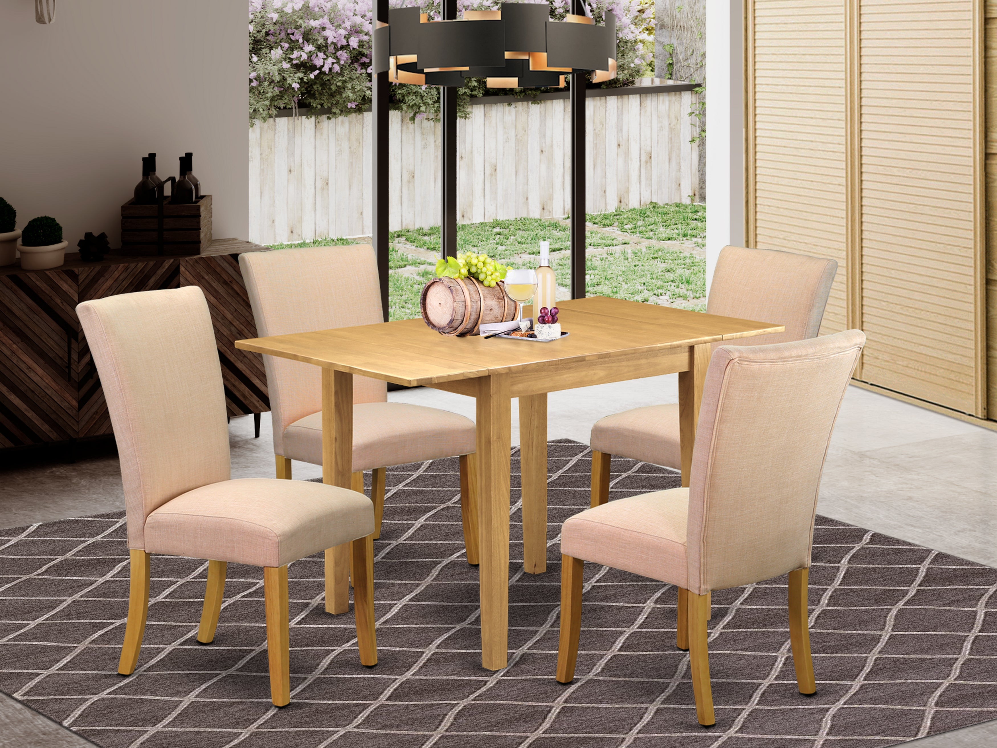East West Furniture NDAL5-OAK-03 Dining Set 5 Pc - 4 Chairs For Dining Room and a Breakfast Table - Oak Finish Hardwood - Dove Beige Color Linen Fabric
