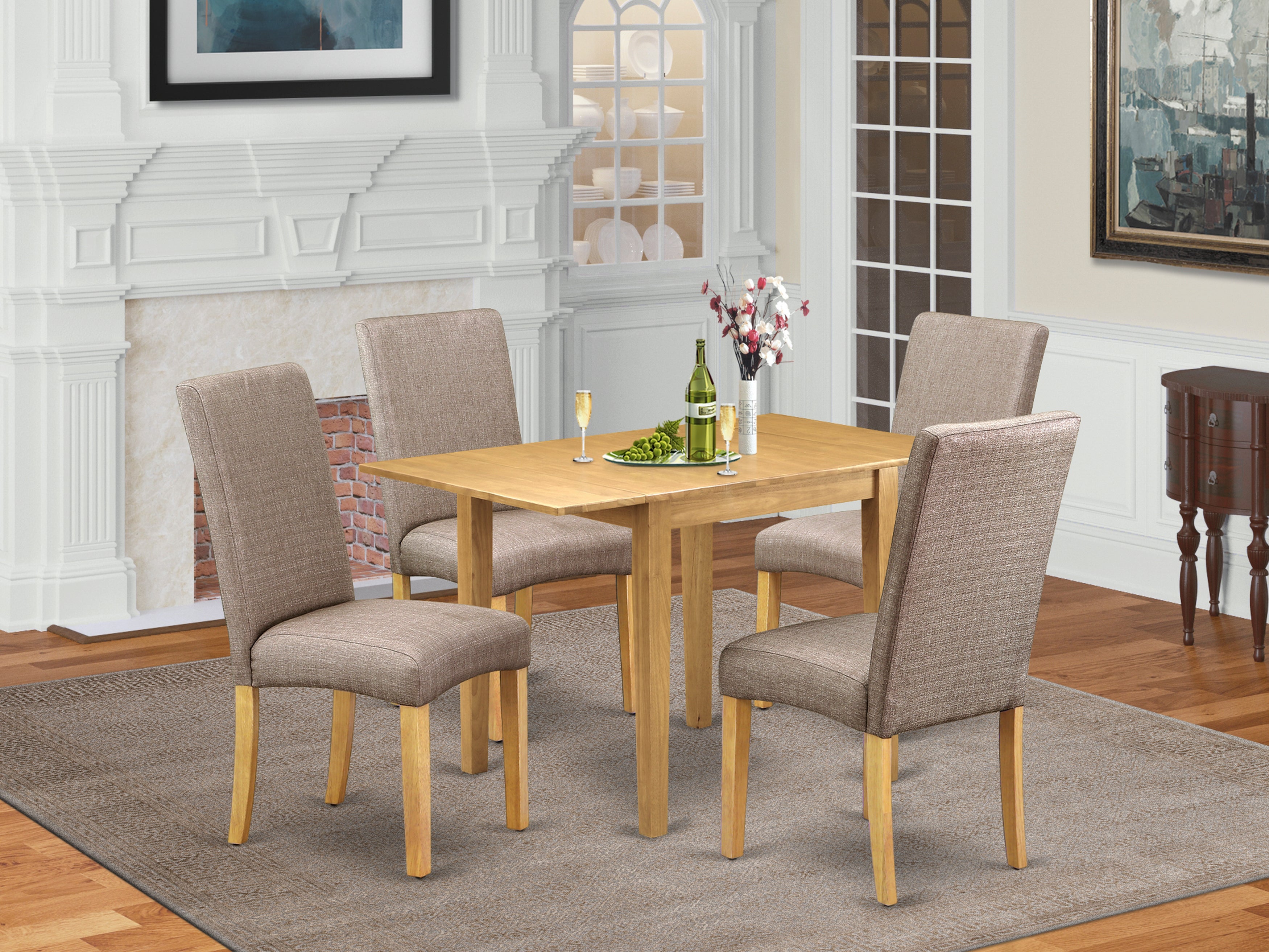East West Furniture NDDR5-OAK-16 Wooden Dining Table Set 5 Pcs – Four Kitchen Chairs and a Dining Table - Oak Finish Wood - Dark Khaki Color Linen Fabric