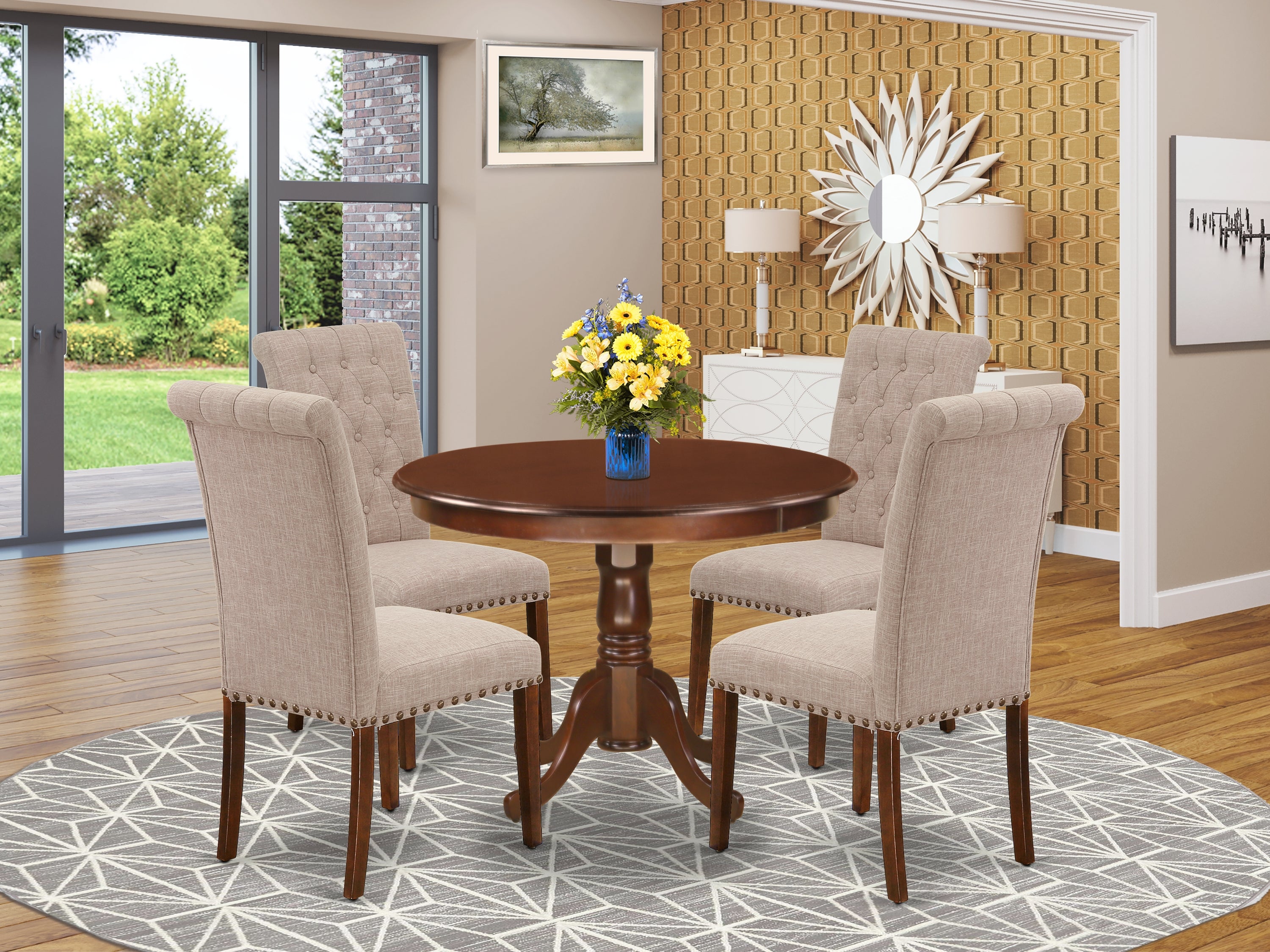 HLBR5-MAH-04 5Pc Dining Set Includes a Round Dinette Table and Four Parson Chairs with Light Fawn Fabric, Mahogany Finish