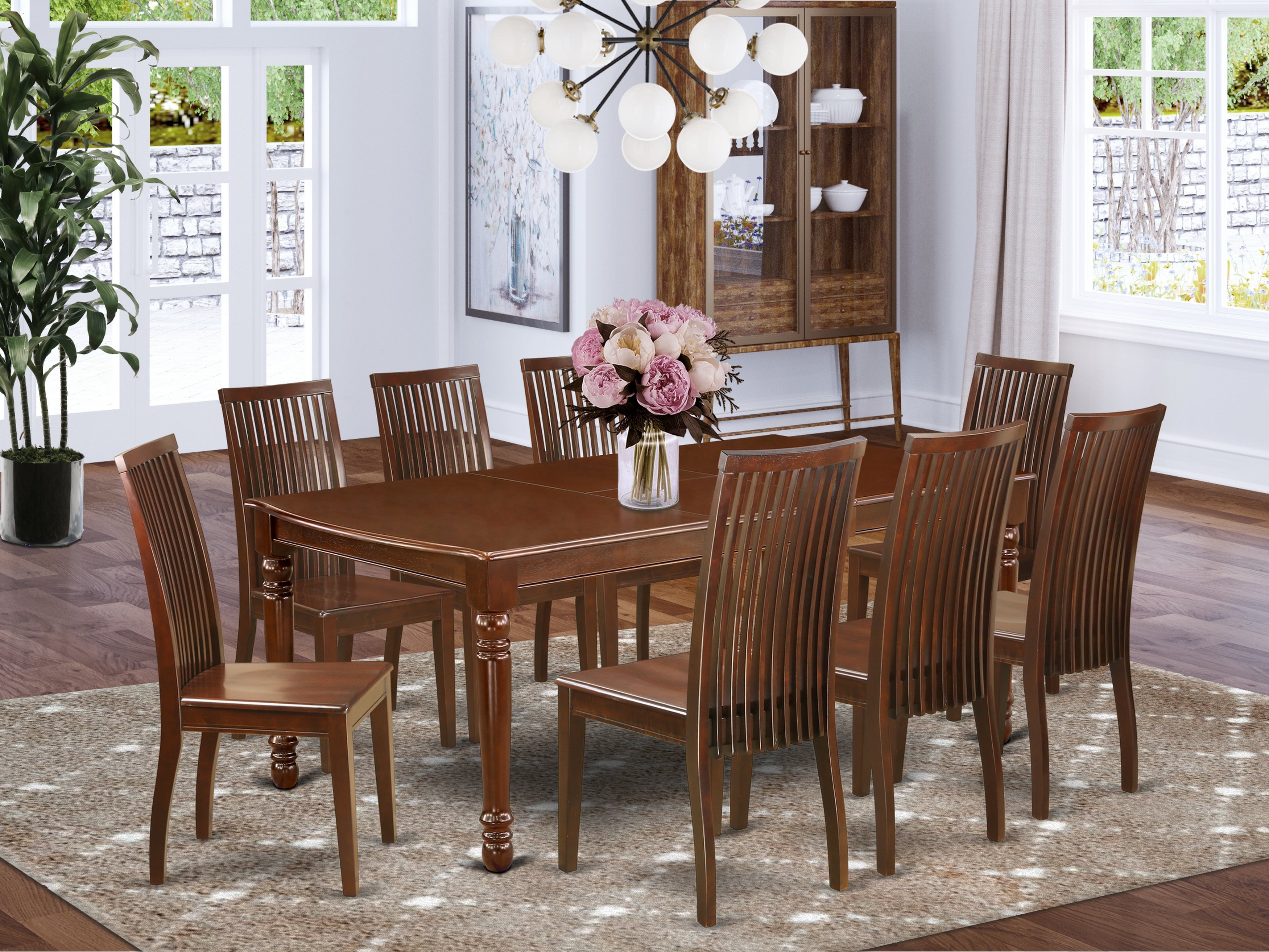 DOIP9-MAH-W 9Pc Rectangle 60/78" Dinner Table With 18 In Leaf And Eight Wood Seat Kitchen Chairs