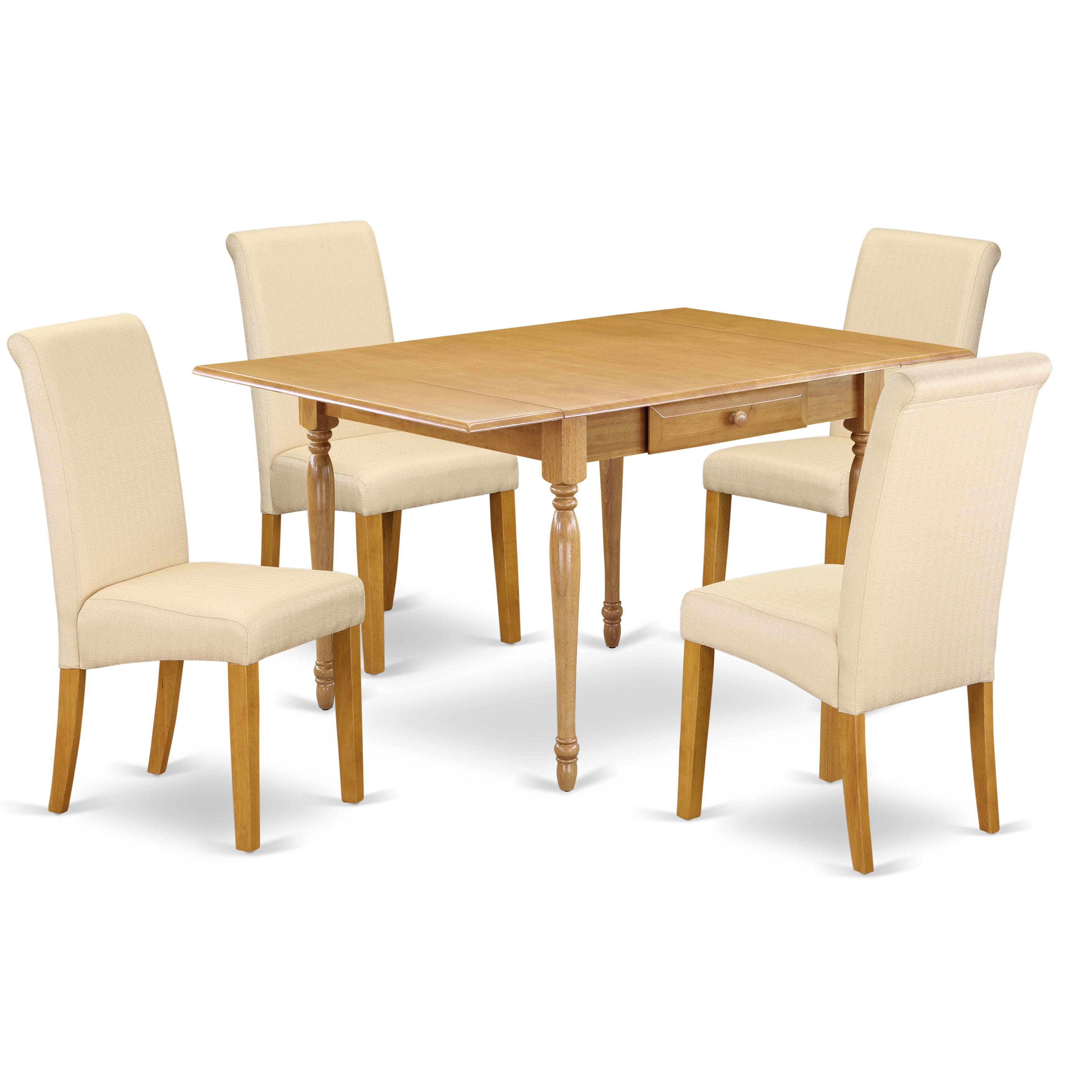 East West Furniture MZBA5-OAK-02 5Pc Kitchen Table Set Includes a Kitchen Table and 4 Parsons Dining Room Chairs with Light Beige Color Linen Fabric, Drop Leaf Table with Full Back Chairs, Oak Finish