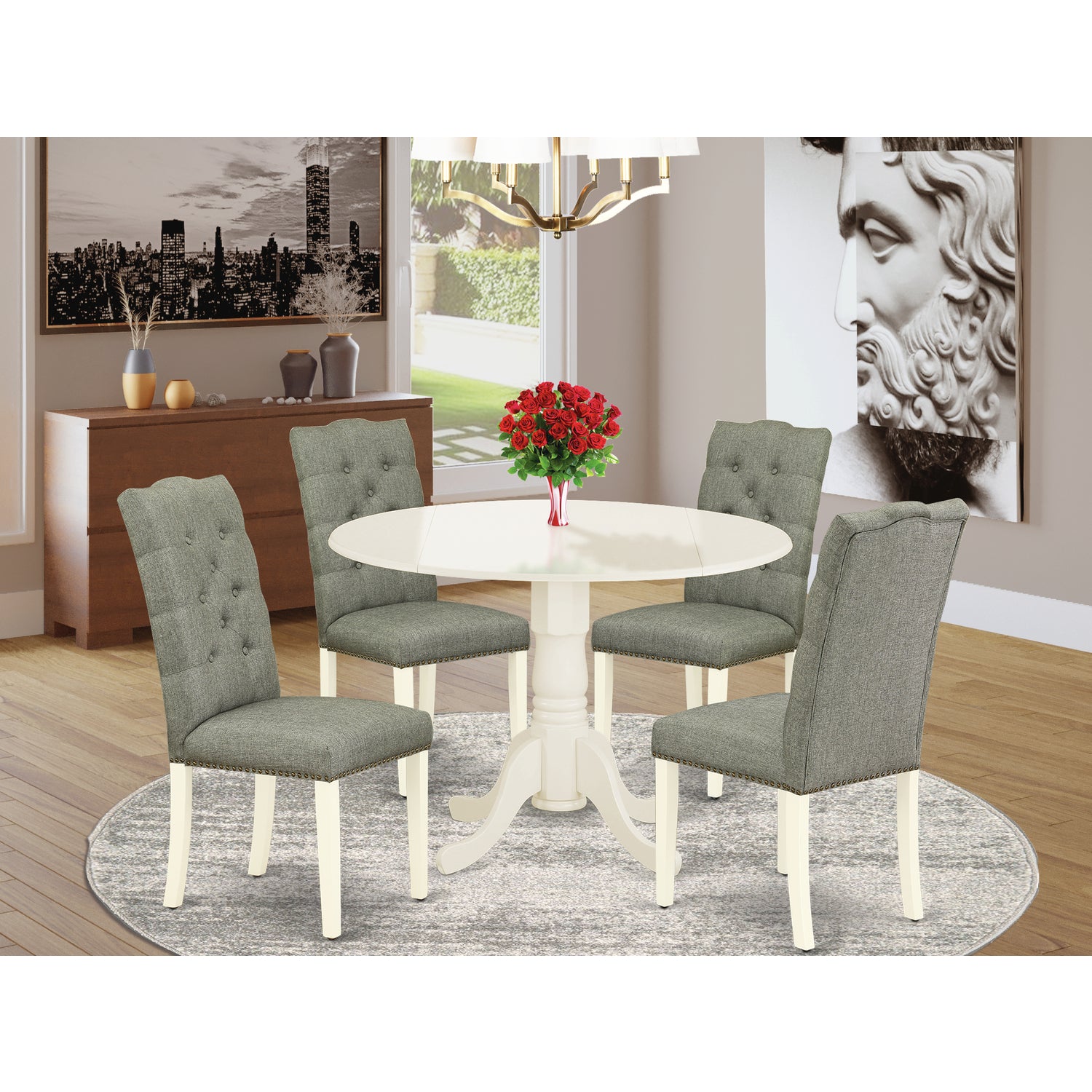 5 Pc Round Linen 42" White Drop Leaf Dining Table and 4 Parson Chairs in grey
