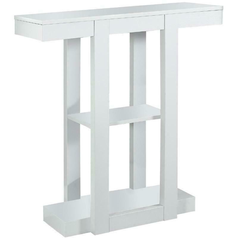 Modern White Hall Console Accent Straight Line Table with 2 Shelves