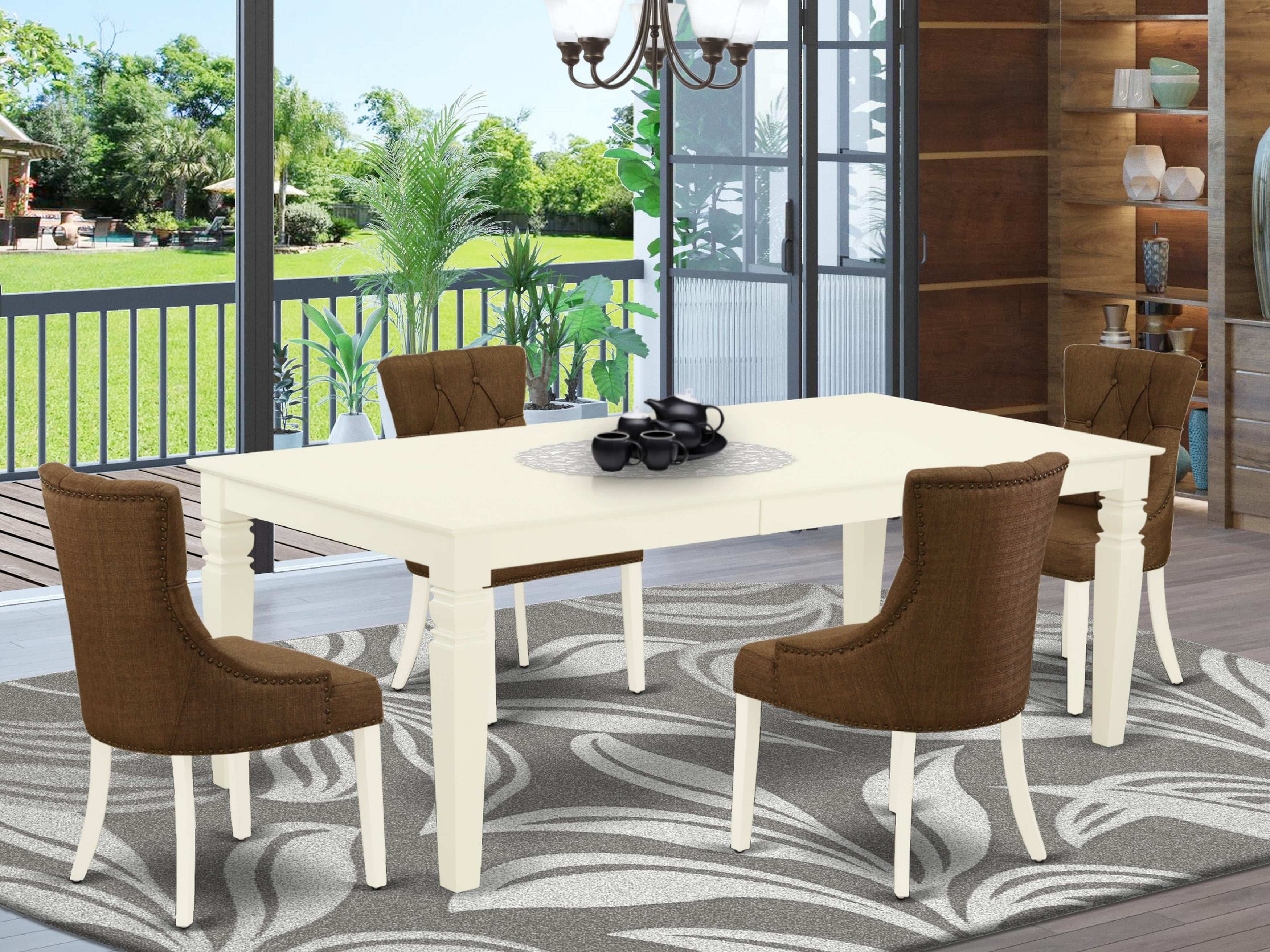 LGFR5-LWH-18 5Pc Dining Set Includes a Rectangle Dining Table with Butterfly Leaf and Four Parson Chairs with Dark Coffee Fabric, Linen White Finish