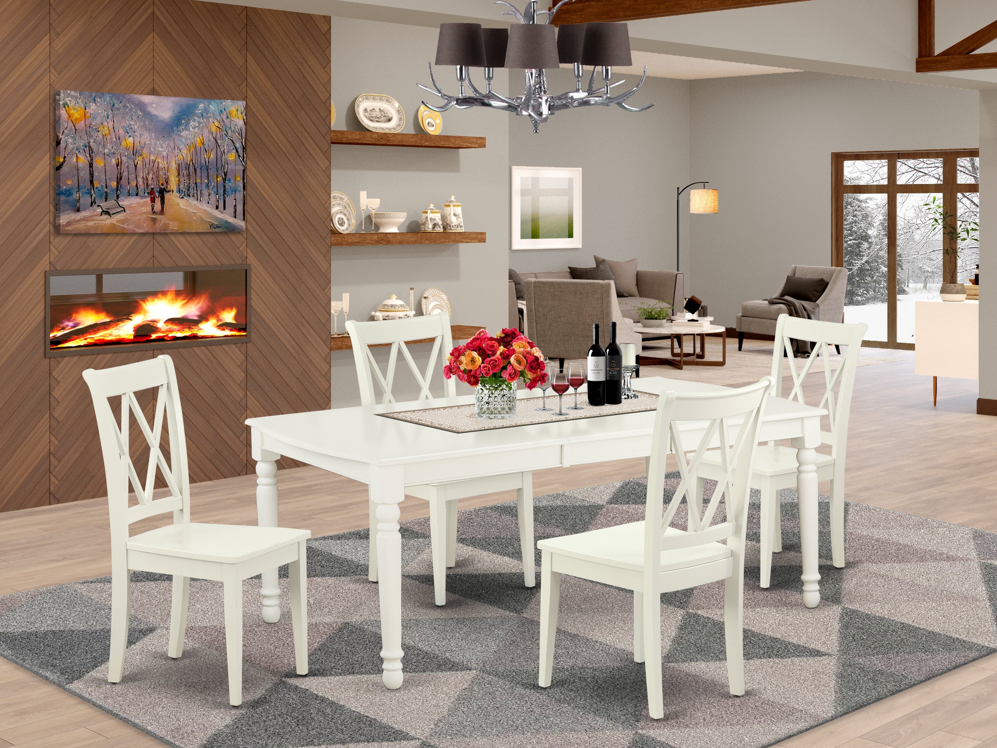DOCL5-LWH-W 5PC Rectangular 60/78 inch Table with 18 In Leaf and 4 Double X back Chairs
