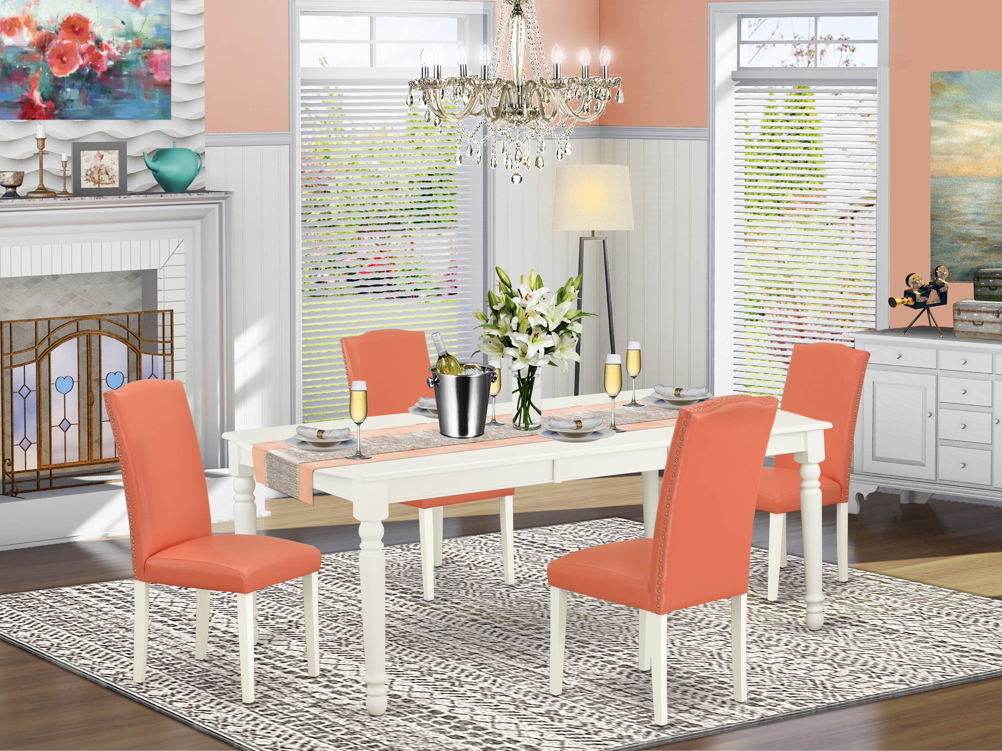 DOEN5-LWH-78 5Pc Rectangular 60/78" Table With 18 In Leaf And Four Parson Chair With Linen White Leg And Pu Leather Color Pink Flamingo