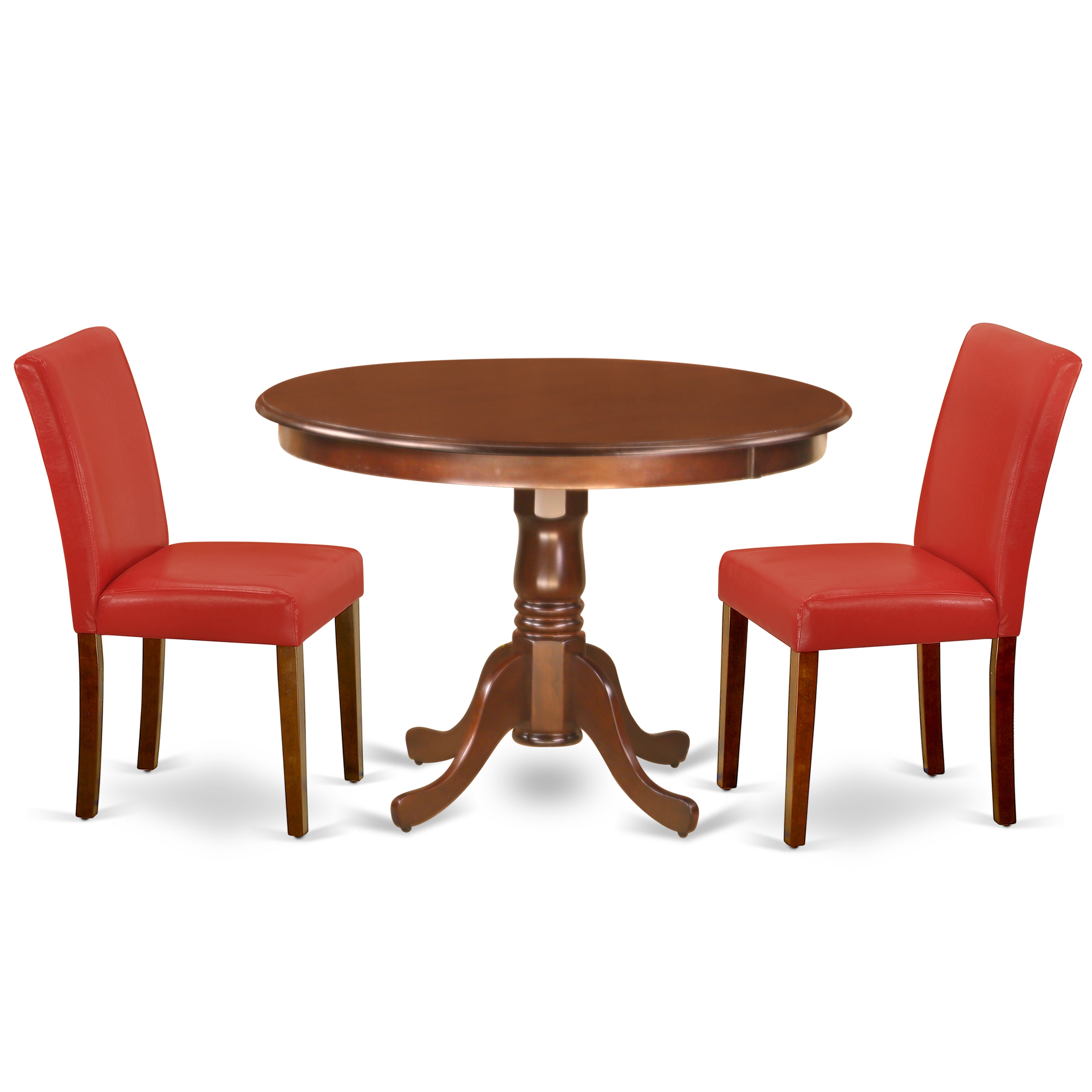 HLAB3-MAH-72 3Pc Round 42 Inch Kitchen Table And 2 Parson Chair With Mahogany Leg And Pu Leather Color Firebrick Red