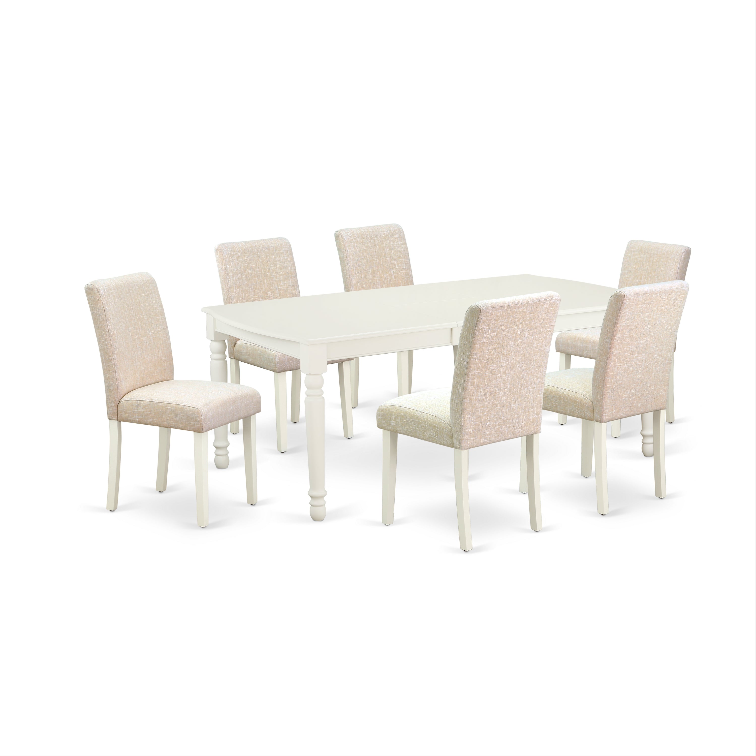 DOAB7-LWH-02 7Pc Rectangle 60/78 Inch Table With 18 In Leaf And 6 Parson Chair With Linen White Leg And Linen Fabric Light Beige