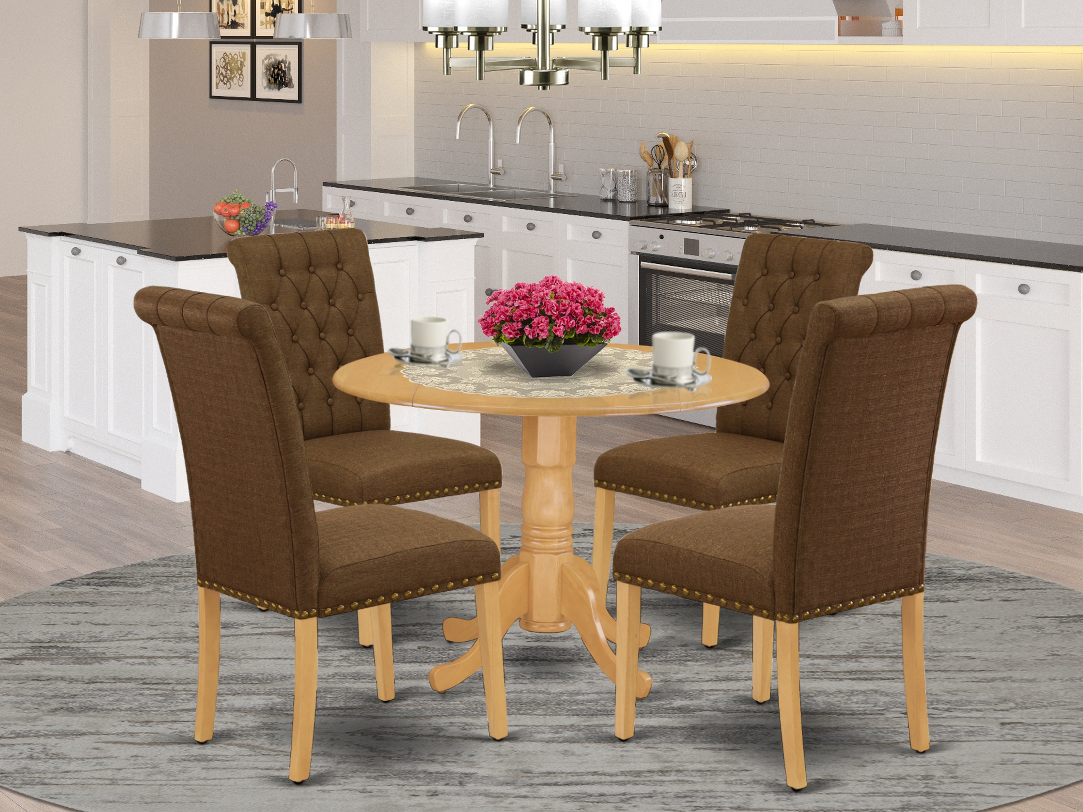 DLBR5-OAK-18 5Pc Dining Set Includes a Round Dinette Table with Drop Leaves and Four Parson Chairs with Dark Coffee Fabric, Oak Finish