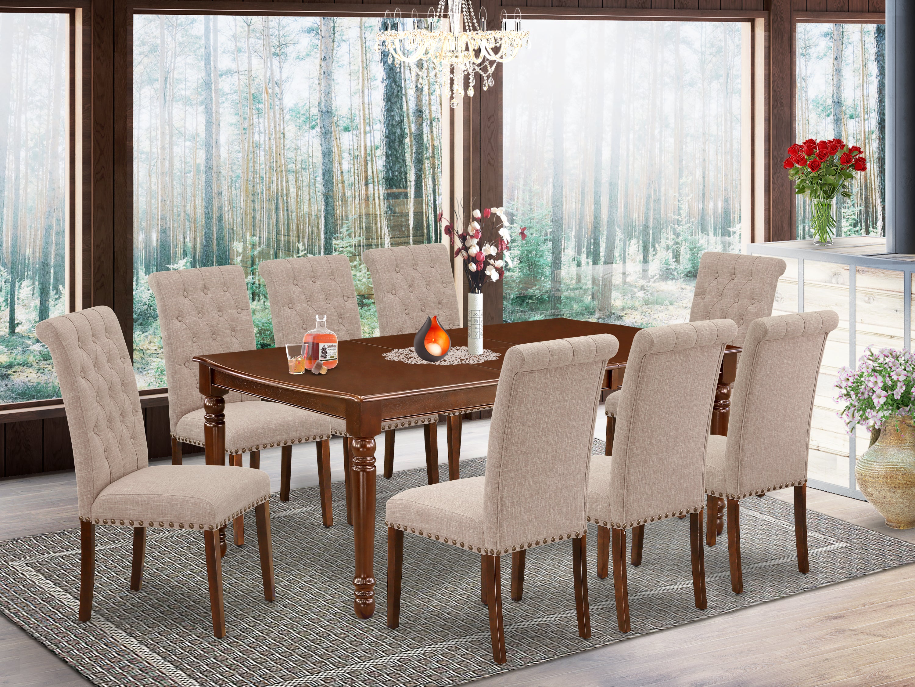 DOBR9-MAH-04 9Pc Dining Set Includes a Rectangle Dinette Table with Butterfly Leaf and Eight Parson Chairs with Light Fawn Fabric, Mahogany Finish
