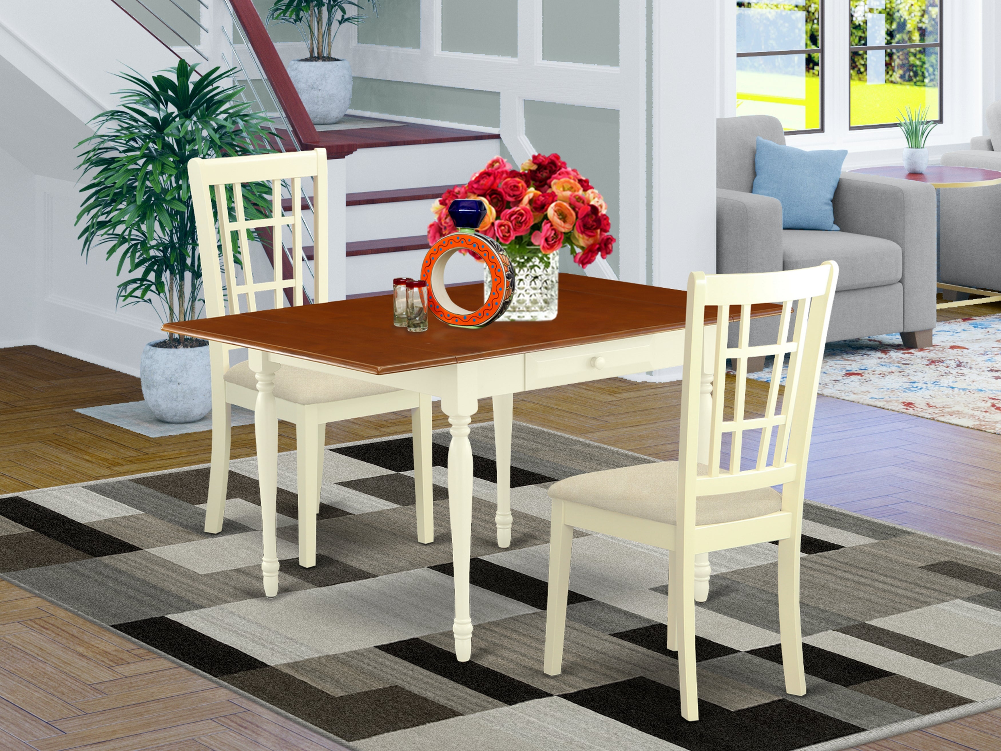 East West Furniture MZNI3-WHI-C 3 Pieces Dining Room Table set - Robust Drop Leaf Hardwood Wood Kitchen Table and 2 Microfiber Upholstery Seat Dining Room Chairs, Buttermilk and Cherry Finish
