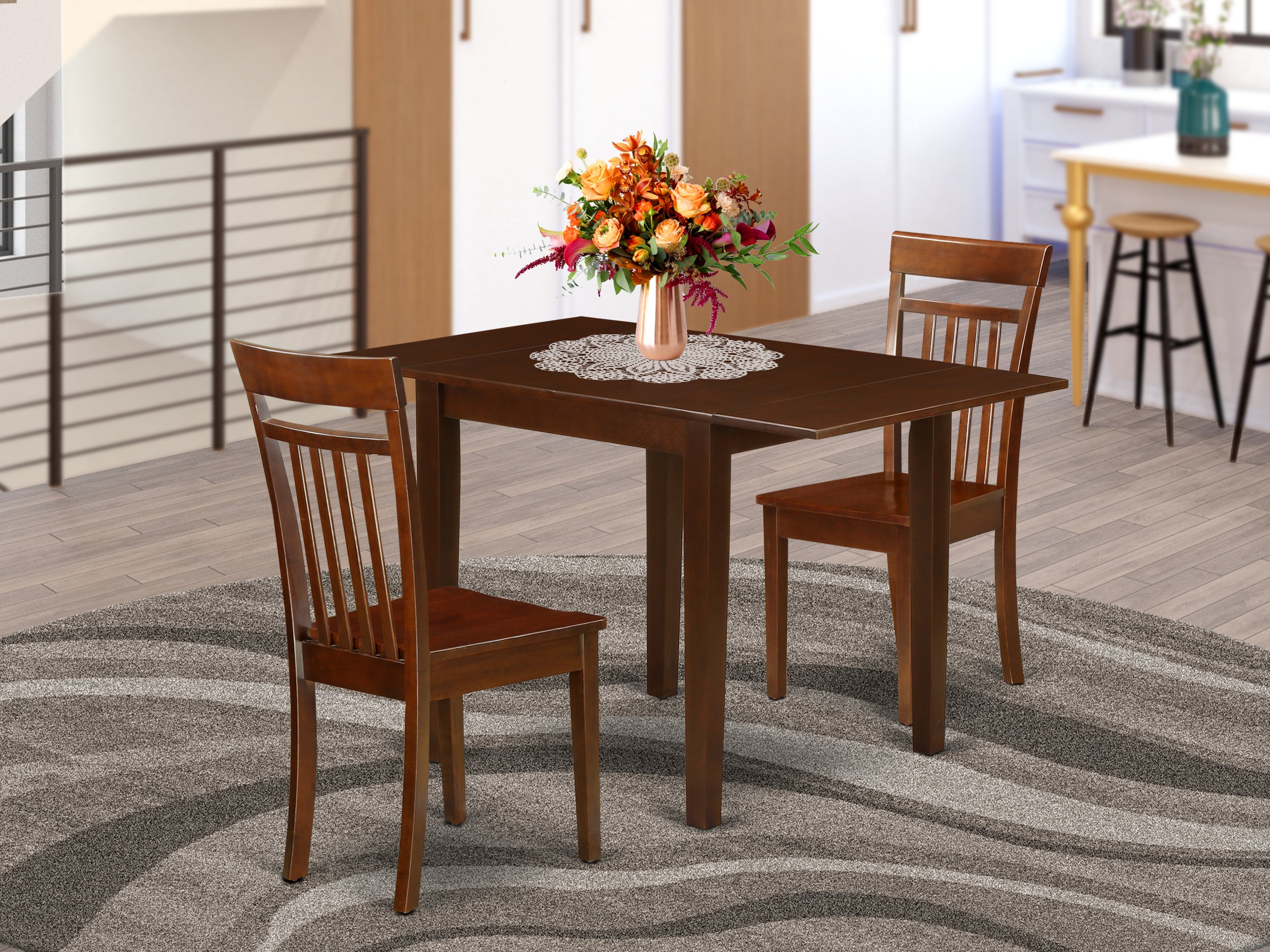 East West Furniture NDCA3-MAH-W Modern Dining Table Set 3 Pc- 2 Marvelous Kitchen Chairs and an Eye-catching Kitchen Table - Mahogany Finish Hardwood Chair Seat - Mahogany Finish Solid wood Structure.