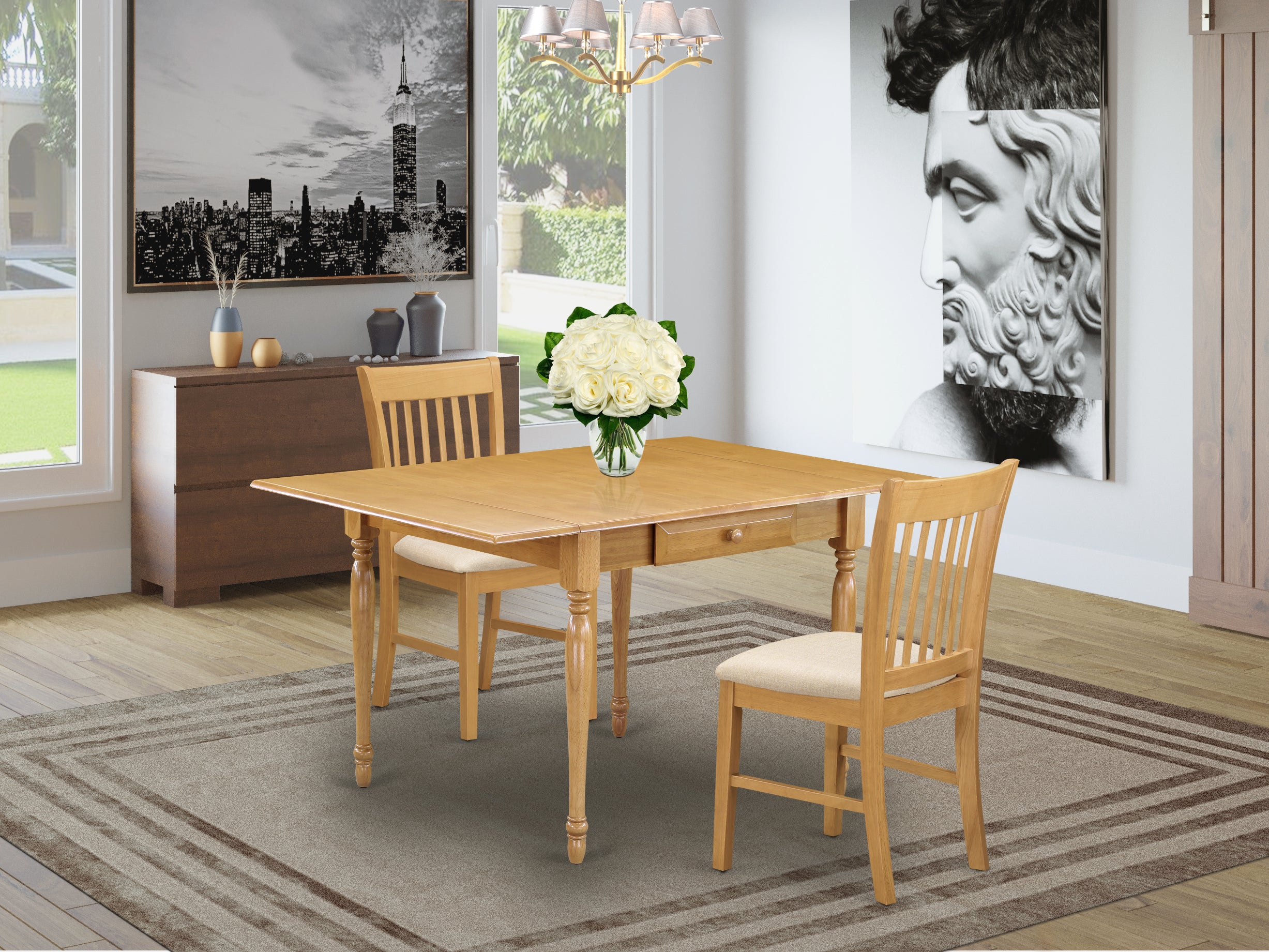 East West Furniture MZNO3-OAK-C 3 Pieces Kitchen Table set - Robust Two 9-Inch Drop Down Leaves Solid Wood Dining Table and 2 Microfiber Upholstery Seat Wooden Chairs, Oak Finish