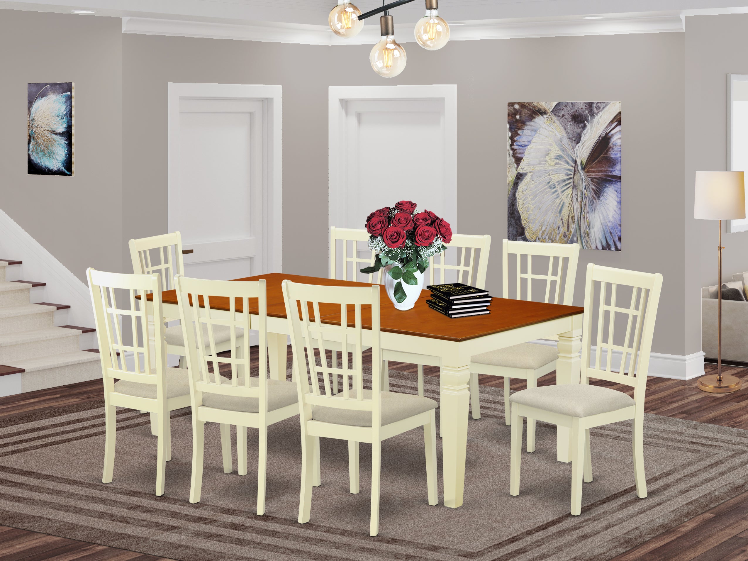 LGNI9-BMK-C 9 PcTable set with a Table and 8 Dining Chairs in Buttermilk and Cherry