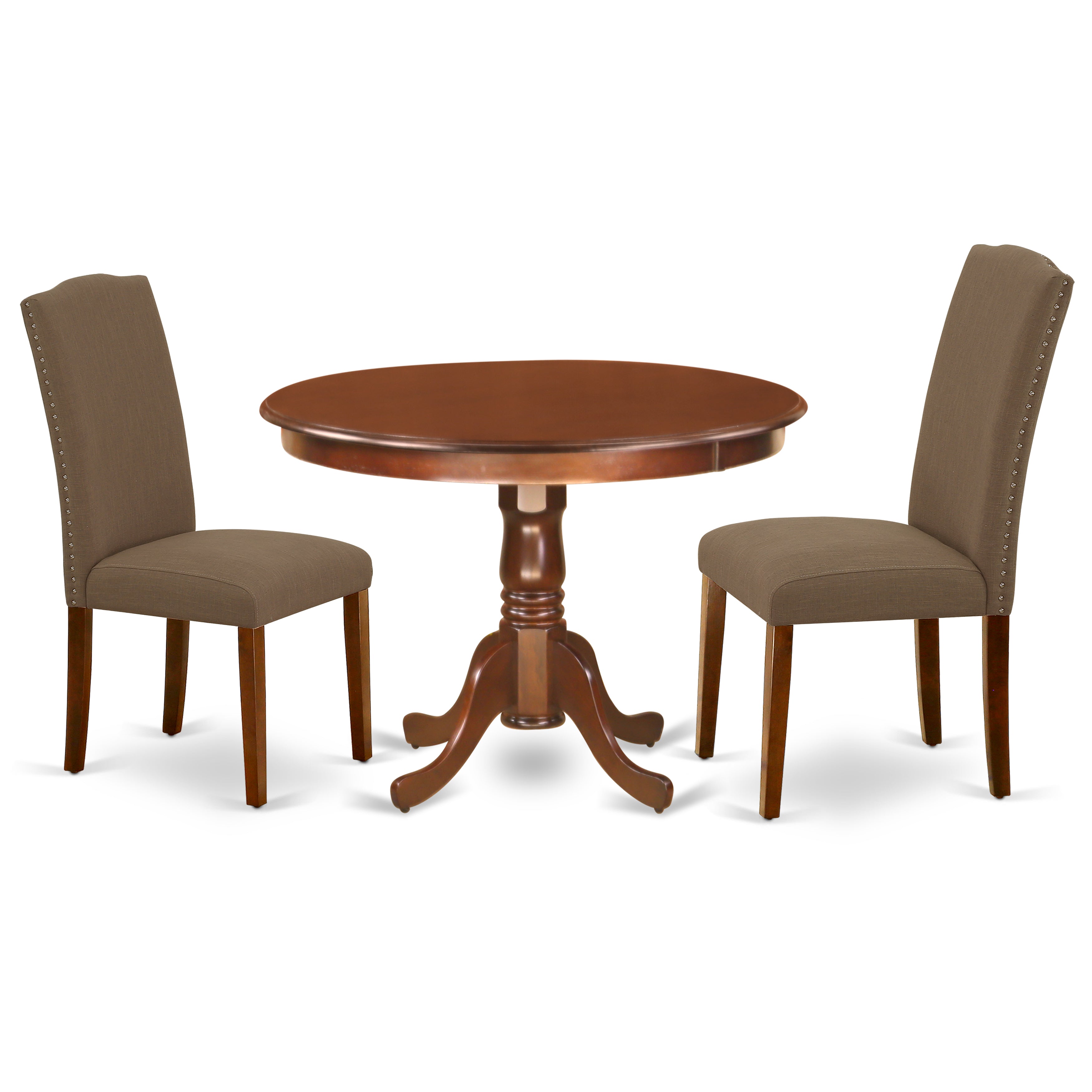 HLEN3-MAH-18 3Pc Rounded 42 Inch Dining Room Table And 2 Parson Chair With Mahogany Leg And Linen Fabric Dark Coffee