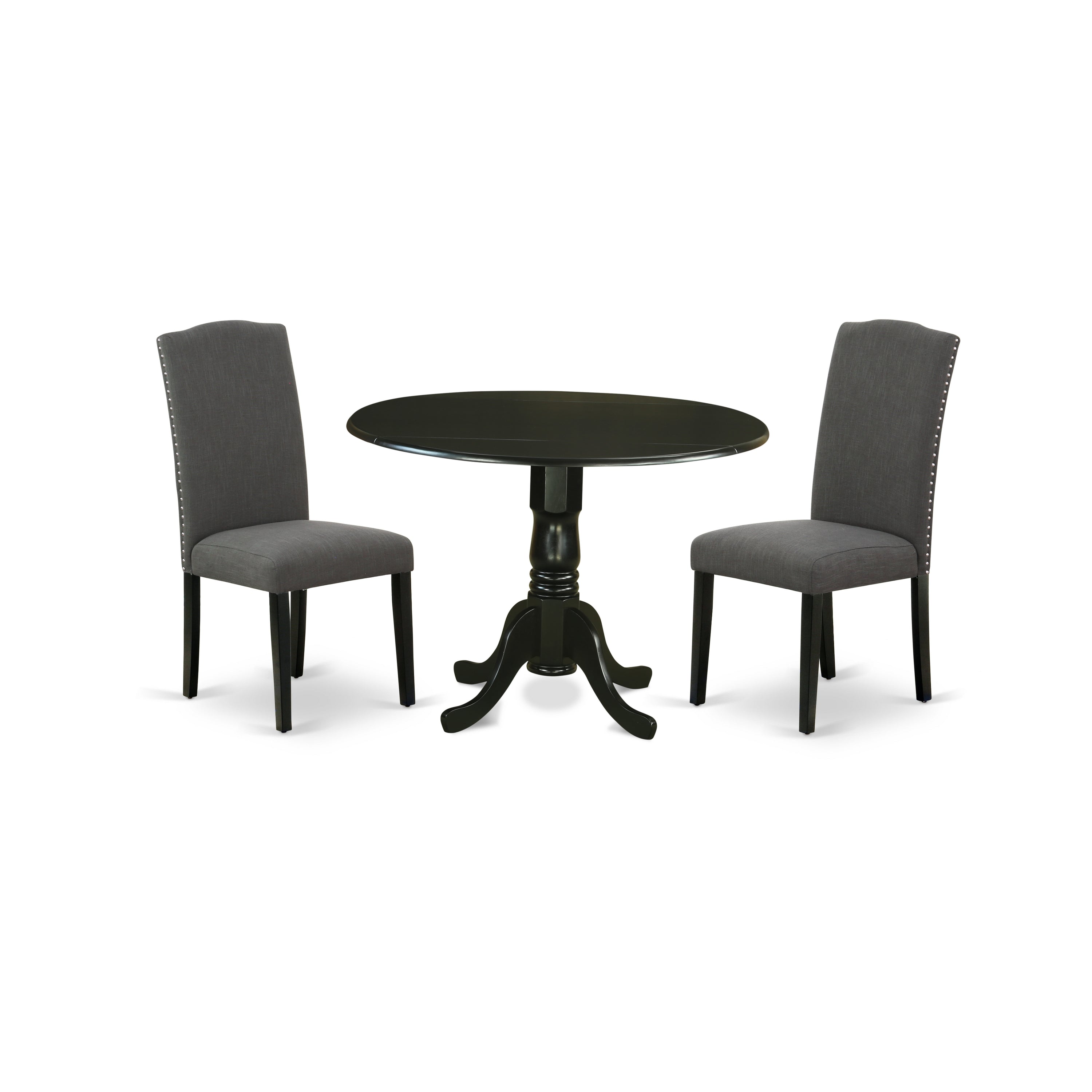 DLEN3-BLK-20 3Pc Round 42 Inch Dining Table With Two 9-Inch Drop Leaves And Two Parson Chair With Black Leg And Linen Fabric Dark Gotham Grey