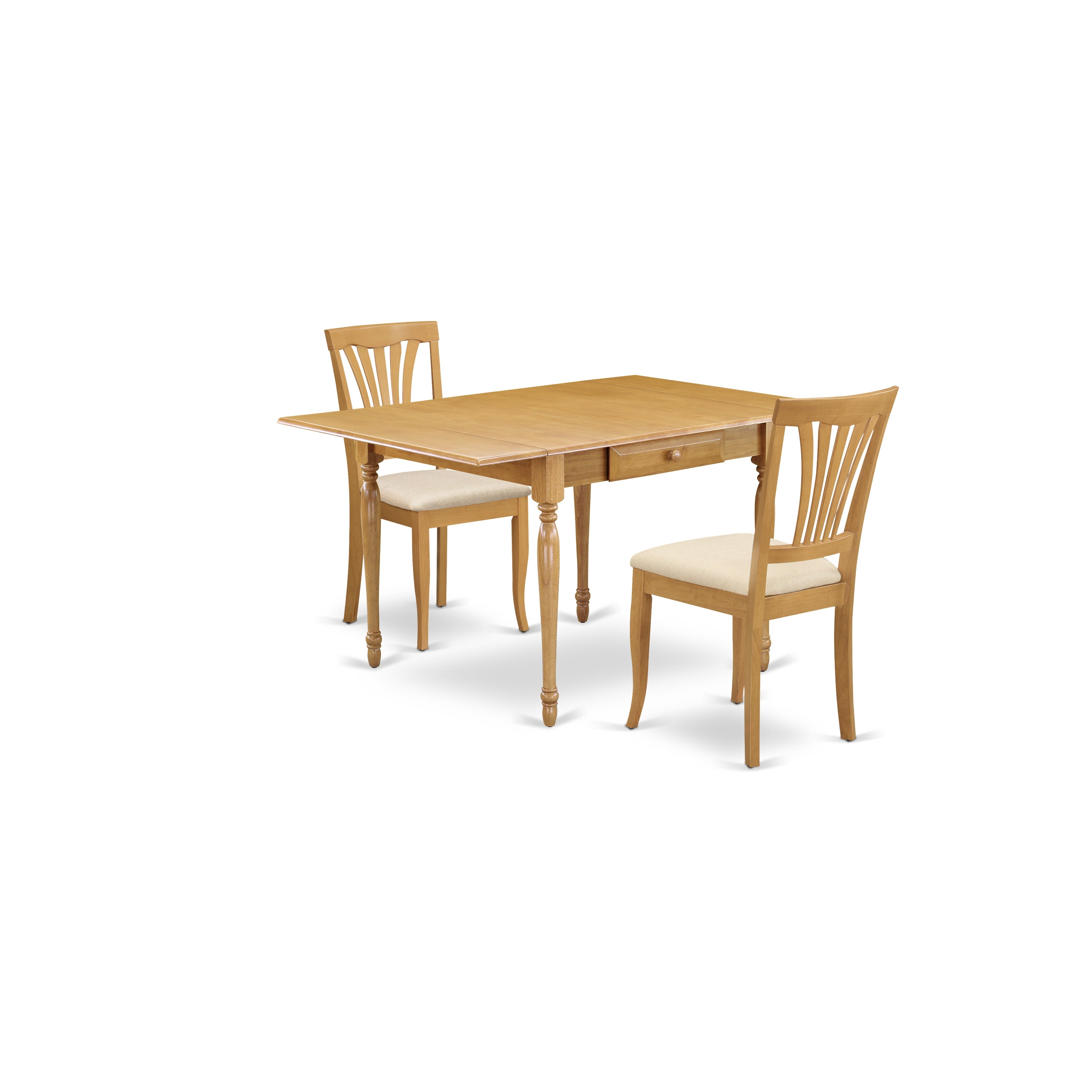 East West Furniture MZAV3-OAK-C 3Pc Dining Table Set for 2 Offers a Dinette Table and 2 Kitchen Chairs with Microfiber Upholstery Seat, Drop Leaf Table with Slat Back Chairs, Oak Finish