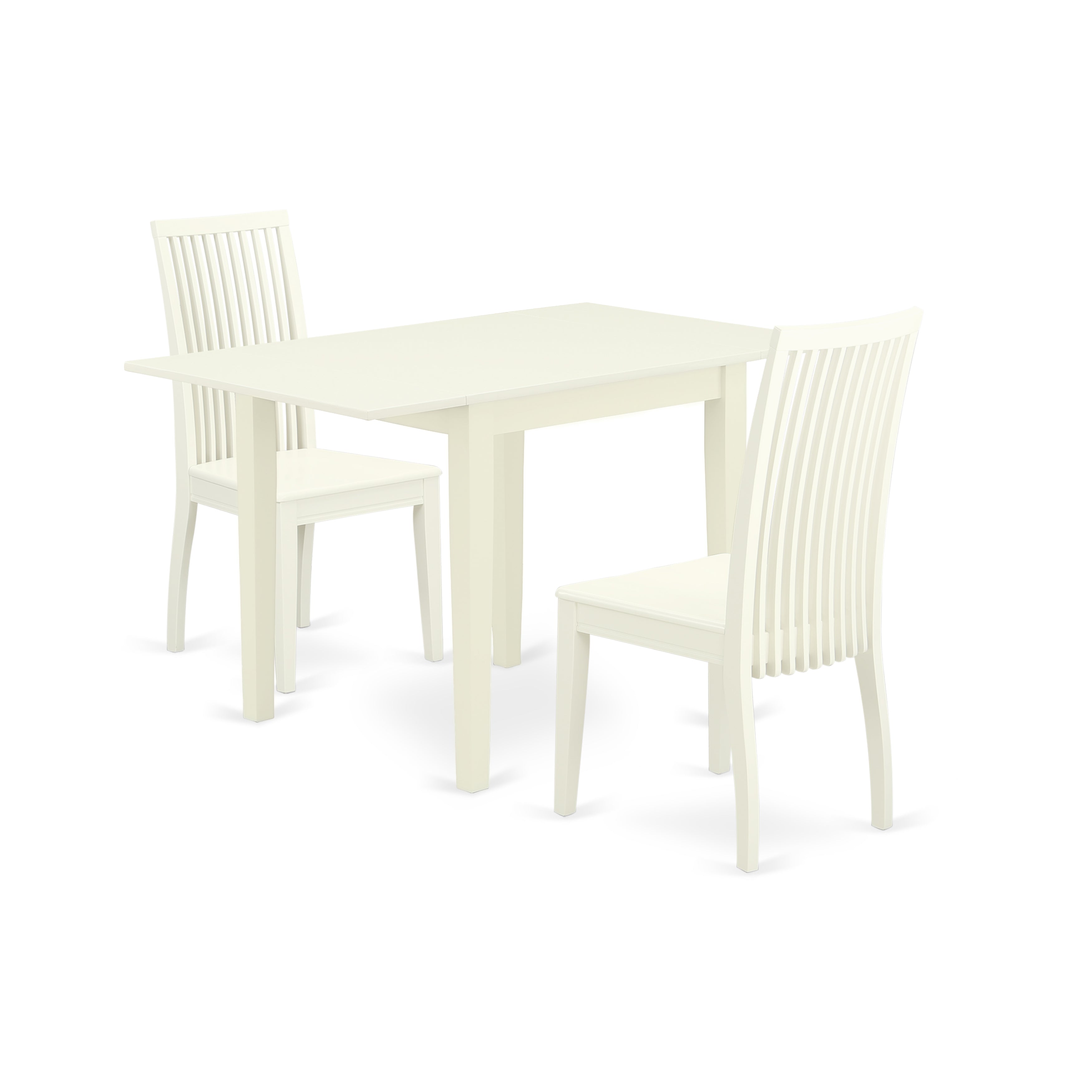 East West Furniture NDIP3-LWH-W 3Pc Kitchen Set Consists of a Wood Dining Table and 2 Dining Room Chair with Solid Wood Seat and Slat Back, Linen White Finish