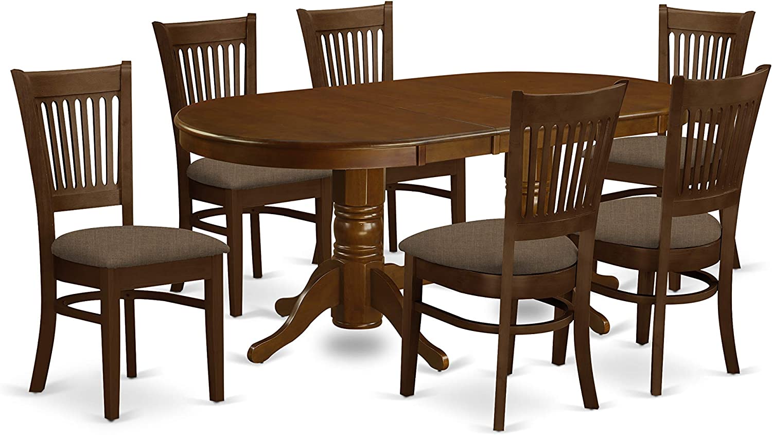 7 PC Espresso Oval Dining room Table With Leaf, Double pedestal and 6 Chairs Set