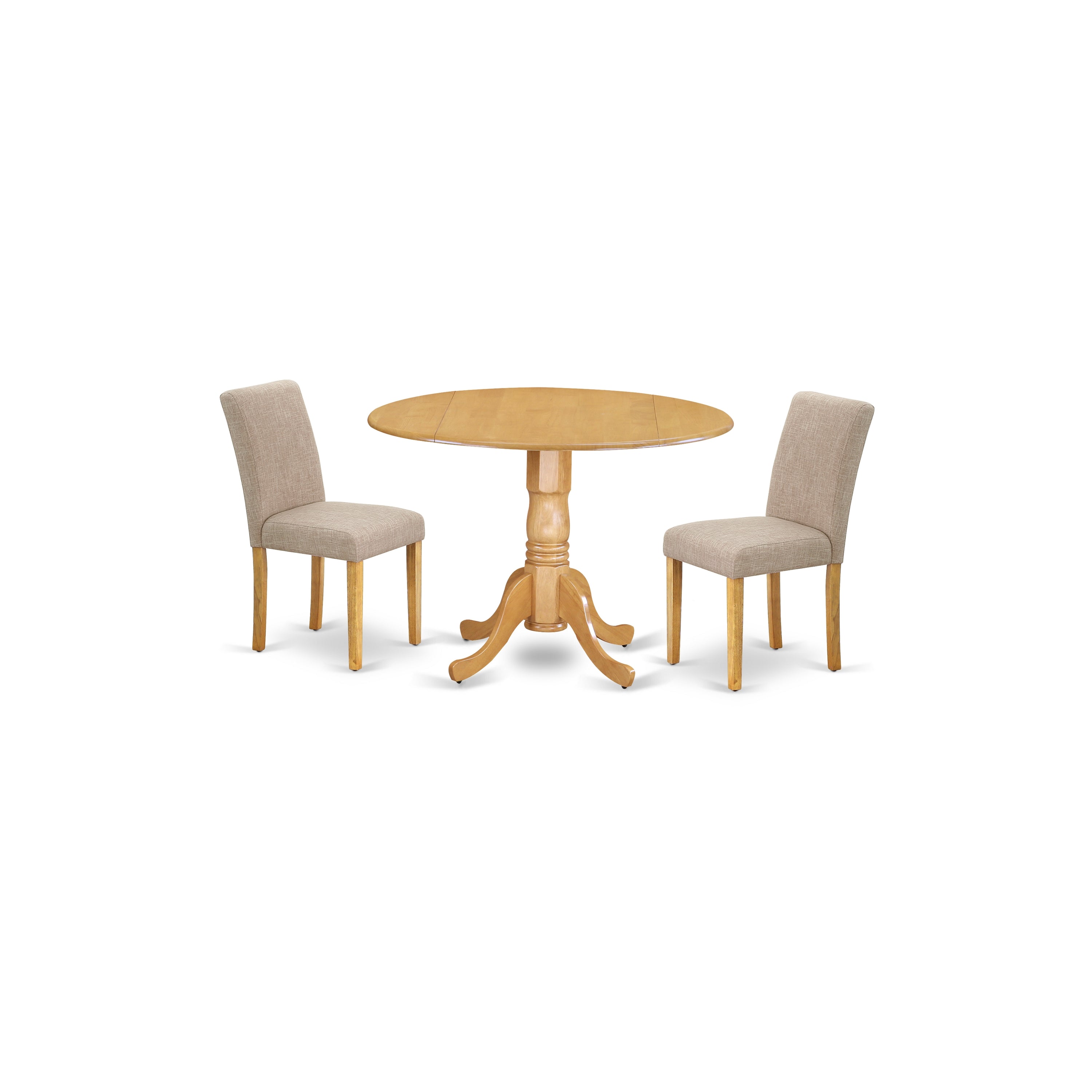 DLAB3-OAK-04 3Pc Round 42" Dining Room Table With Two 9-Inch Drop Leaves And 2 Parson Chair With Oak Leg And Linen Fabric Light Fawn