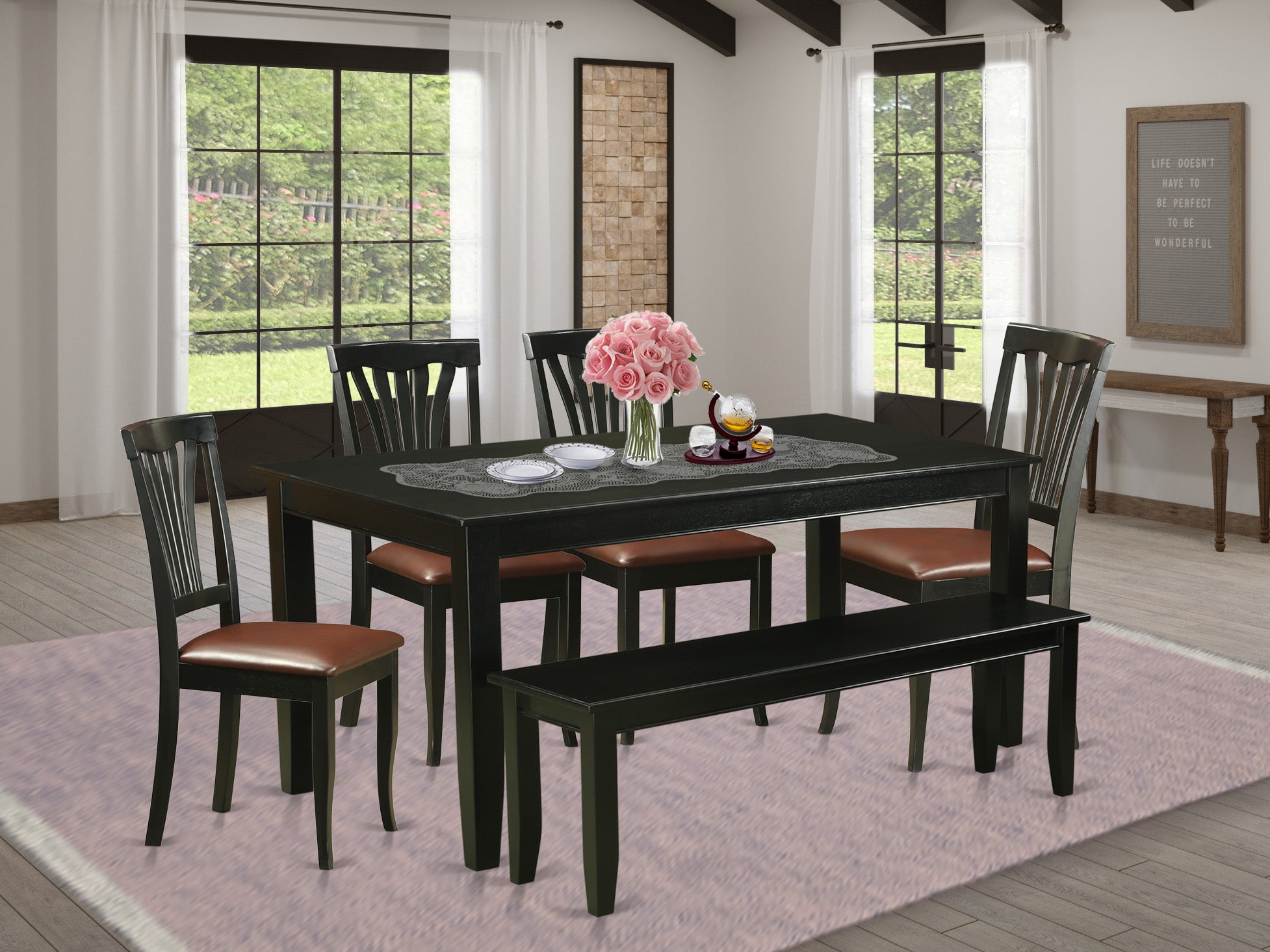 DUAN6-BLK-LC 6 PC Table set - Dinette Table and 4 Dining Chairs plus Bench