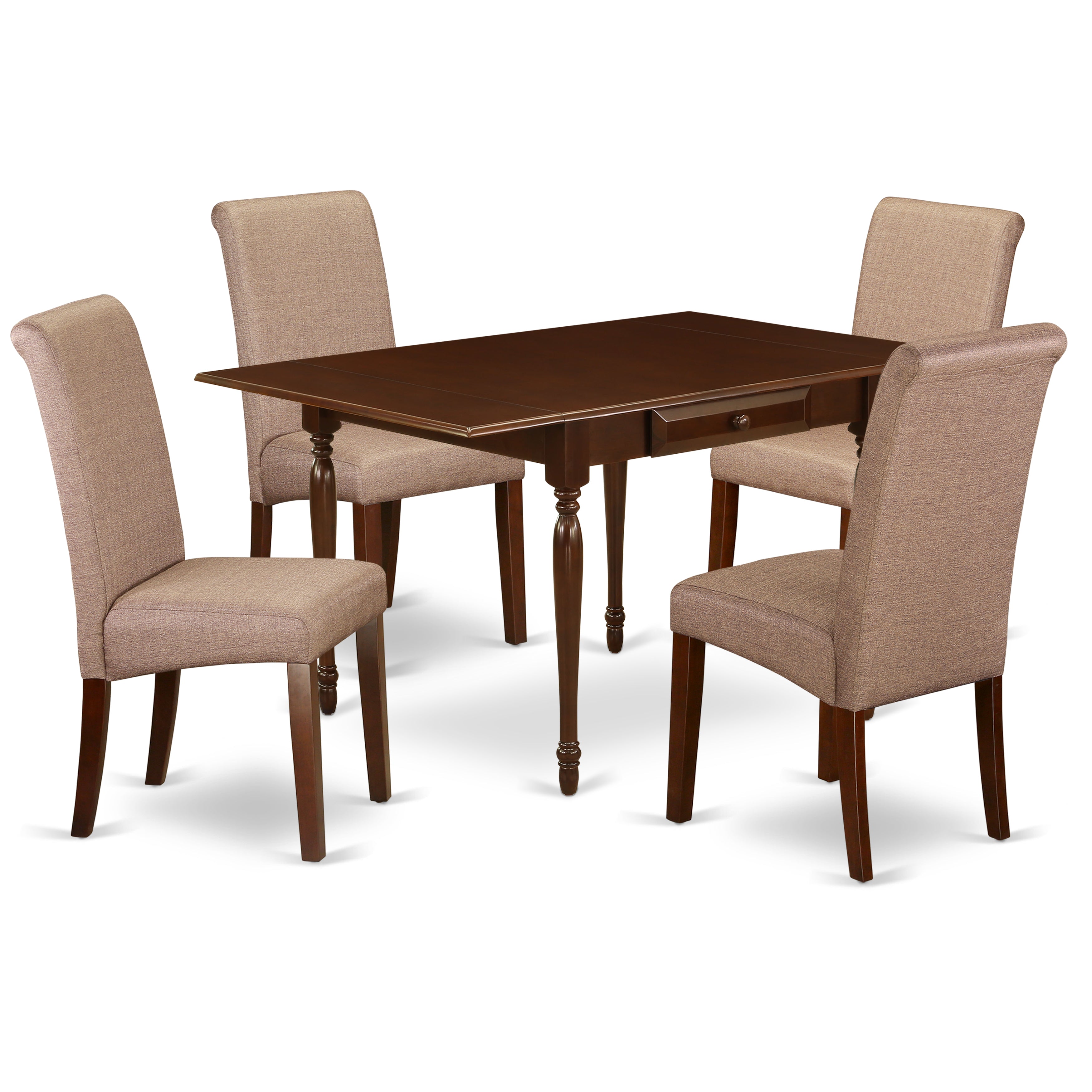 East West Furniture MZBA5-MAH-18 5Pc Dinette Set Contains a Rectangle Table and 4 Parsons Dining Chairs with Brown Linen fabric Color Linen Fabric, Drop Leaf Table with Full Back Chairs, Mahogany Finish