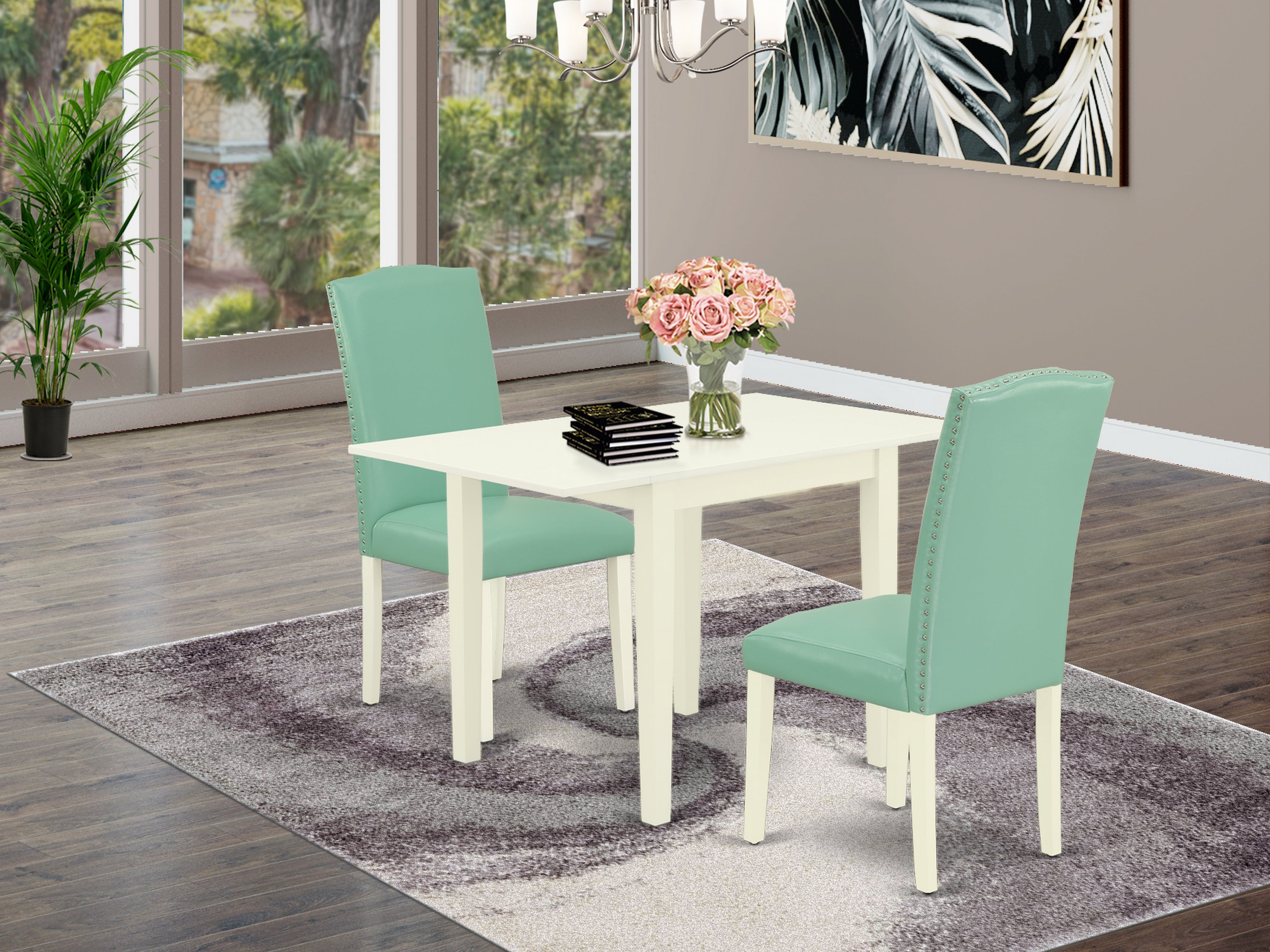 East West Furniture NDEN3-LWH-57 Dining Table Set 3 Pcs - 2 Kitchen Chairs and a wood Dining Table - Linen White Finish Wood - Pond Color Pu Leather
