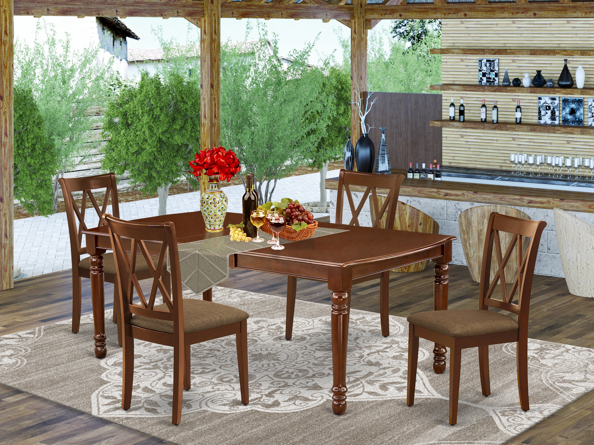 DOCL5-MAH-W 5PC Rectangular 60/78 inch Table with 18 In Leaf and 4 Double X back Chairs