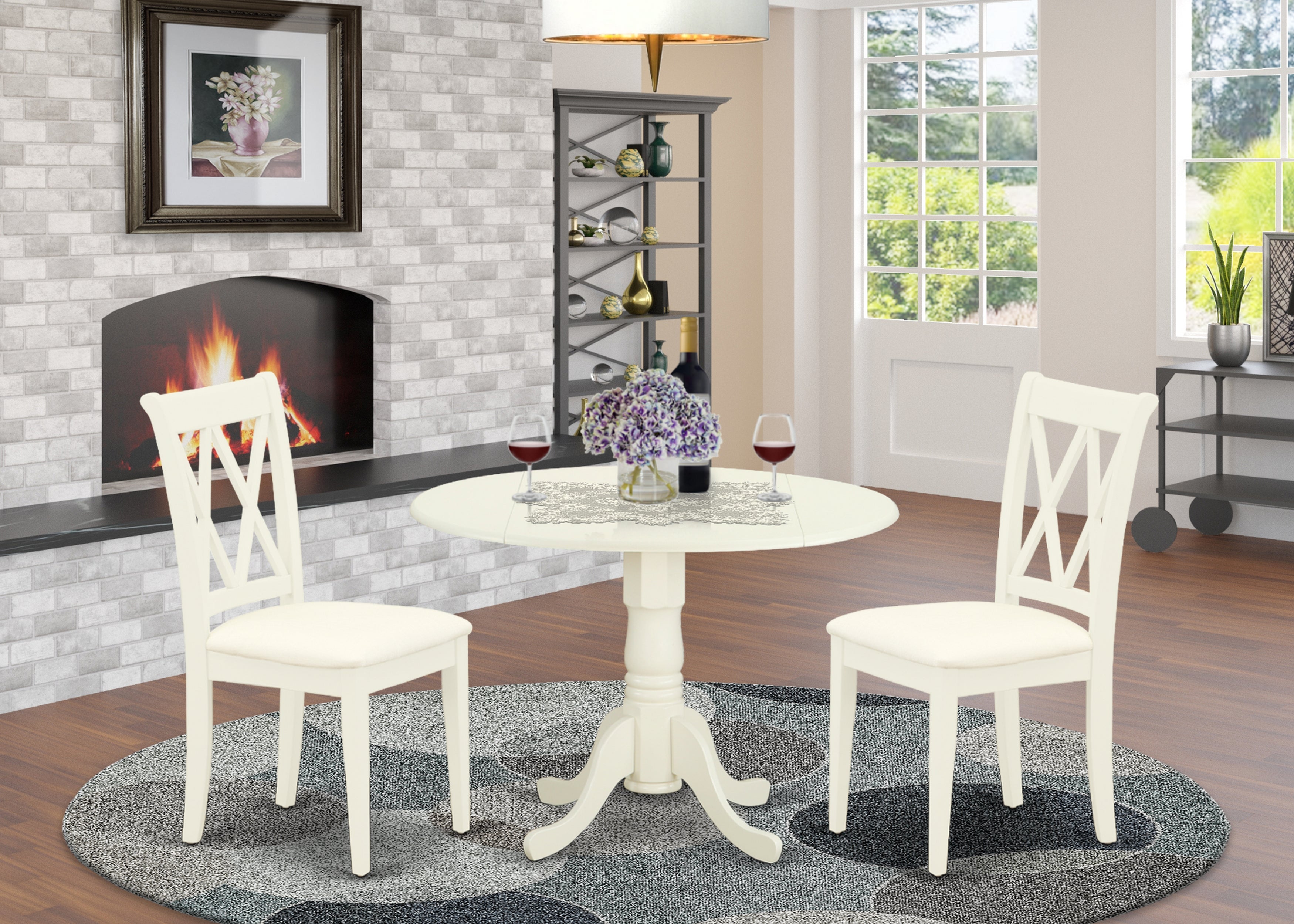 DLCL3-WHI-C 3Pc Dinette Set Includes a Rounded Kitchen Table with Drop Leaves and Two Double X Back Microfiber Seat Dining Chairs, White Finish