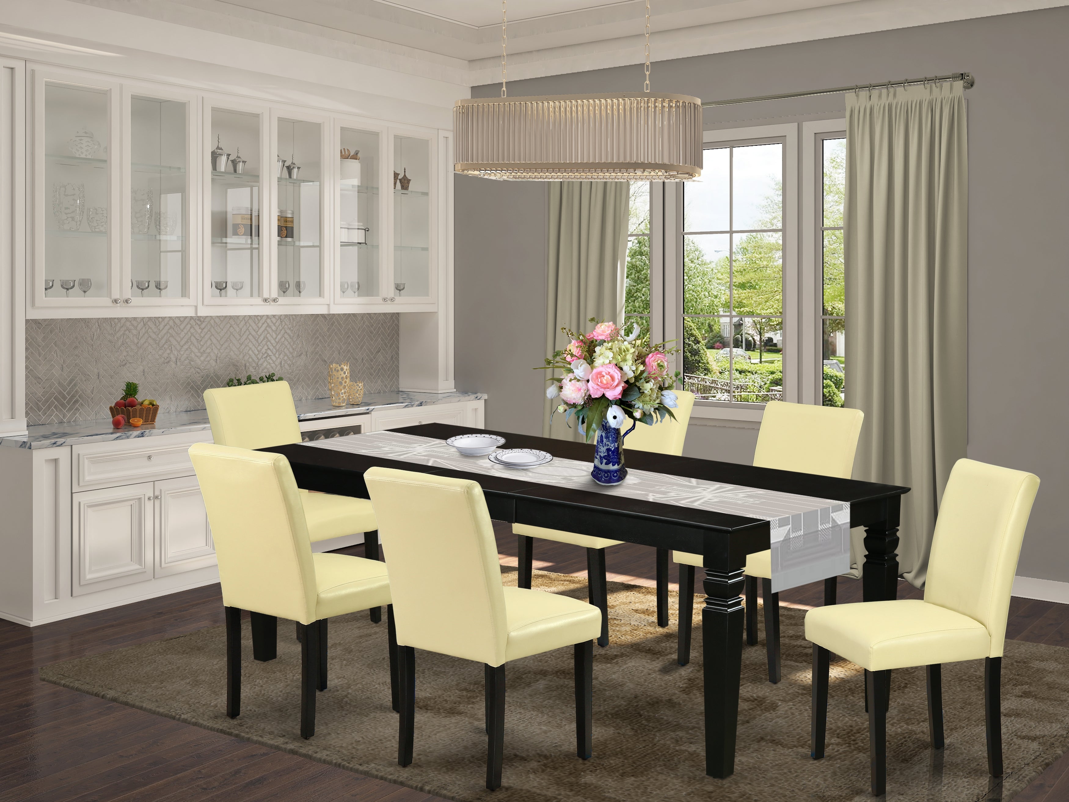 LGAB7-BLK-73 7Pc Rectangle 66/84" Kitchen Table With 18 In Self Storing Butterfly Leaf And Six Parson Chair With Black Leg And Pu Leather Color Eggnog