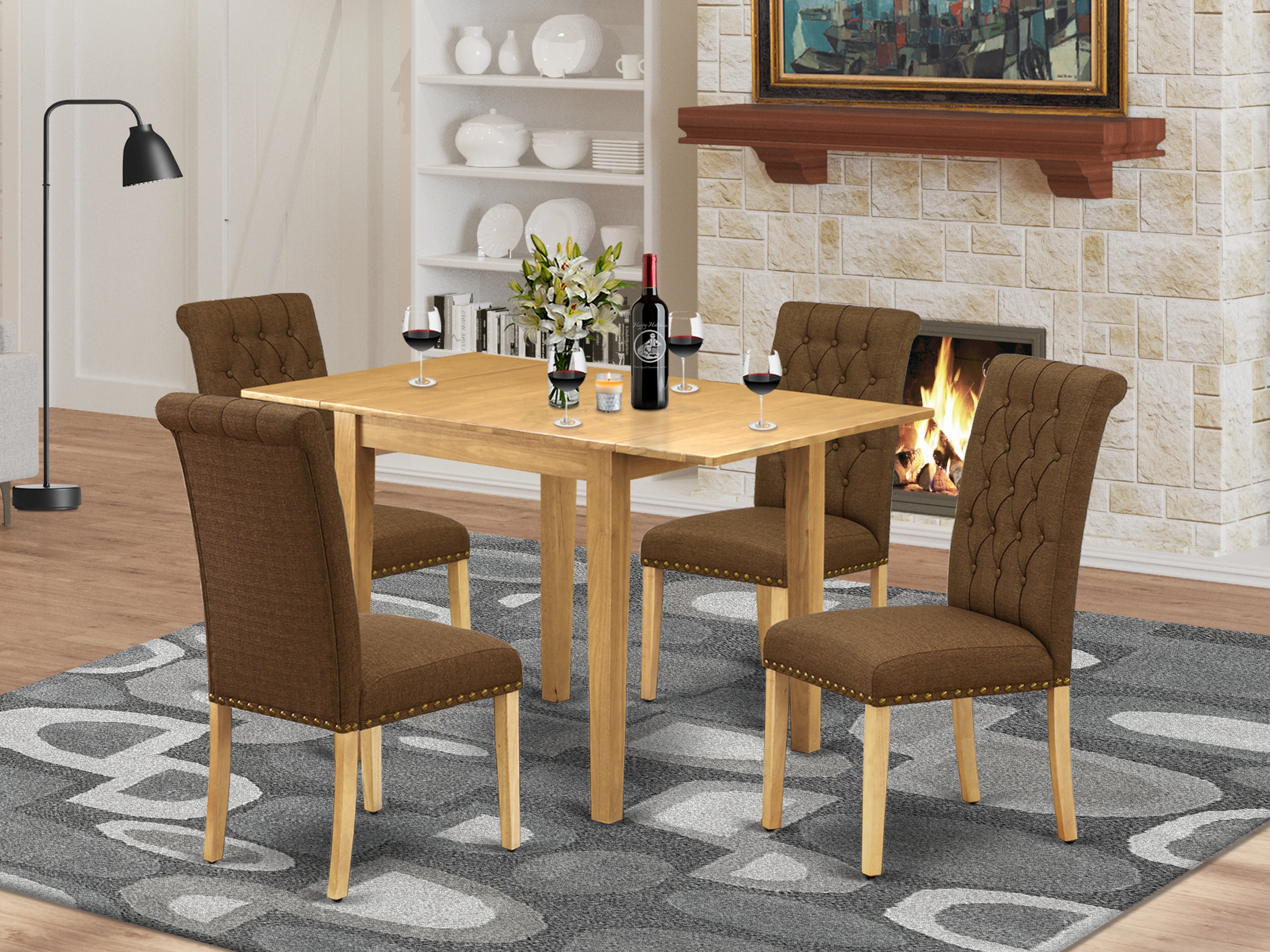 East West Furniture NDBR5-OAK-18 Dining Table Set 5 Pc - 4 Parson Chairs and a Dining Table - Oak Finish Hardwood - Brown Color Linen Fabric