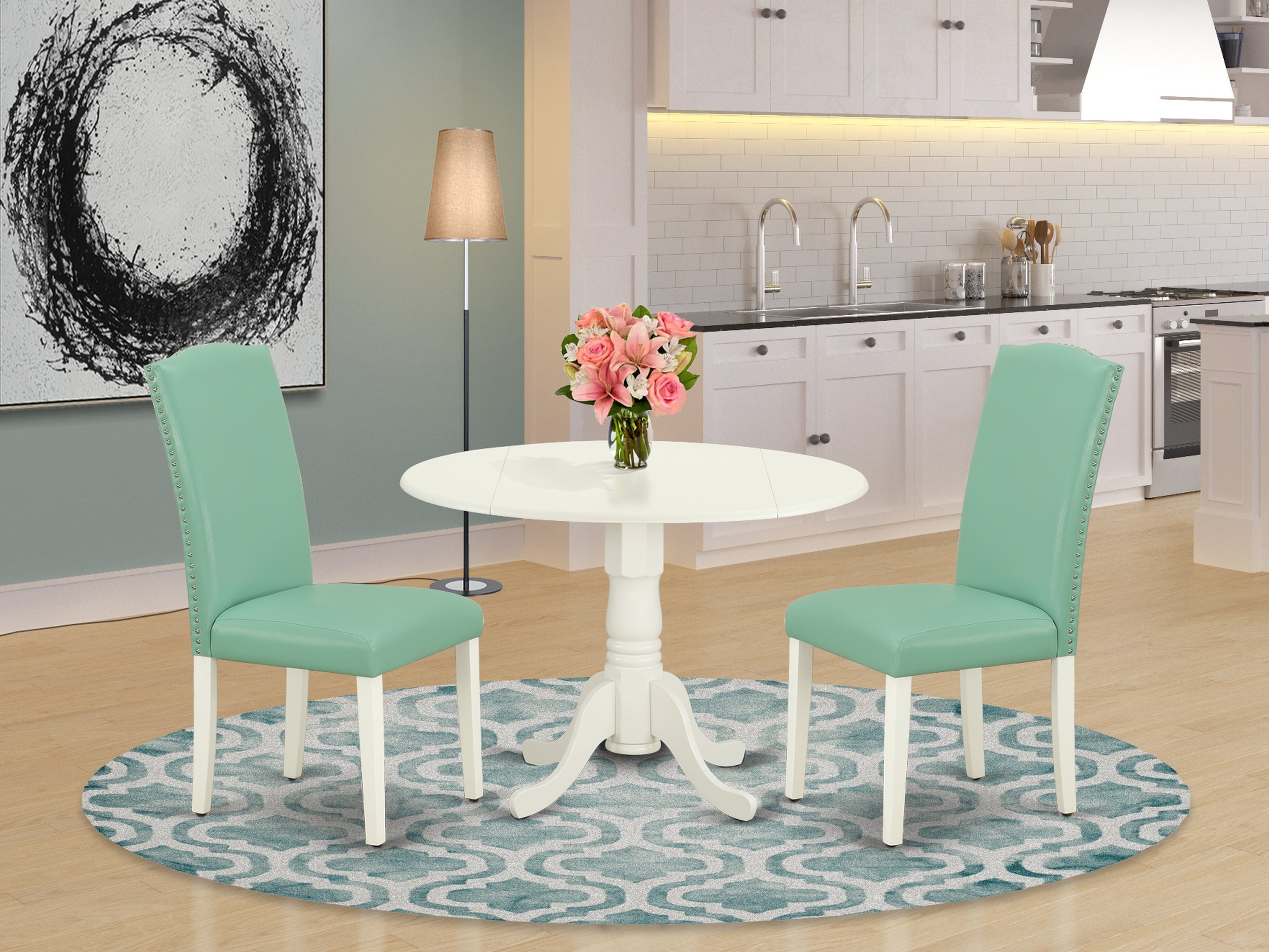 DLEN3-LWH-57 3Pc Round 42 Inch Kitchen Table With Two 9-Inch Drop Leaves And A Pair Of Parson Chair With Linen White Leg And Pu Leather Color Pond