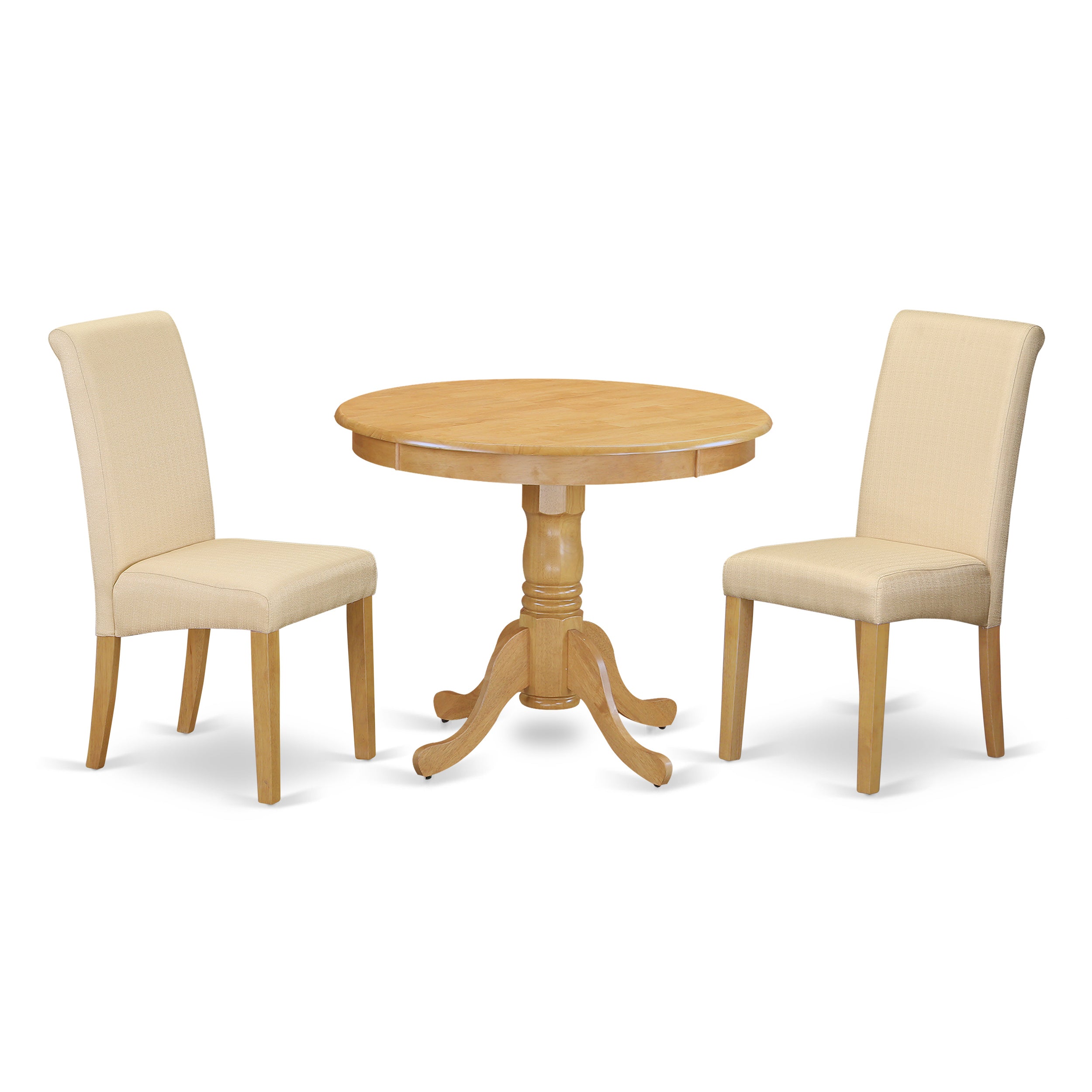 ANBA3-OAK-02 3Pc Small Round table with linen beige fabric Parson chairs with oak chair legs