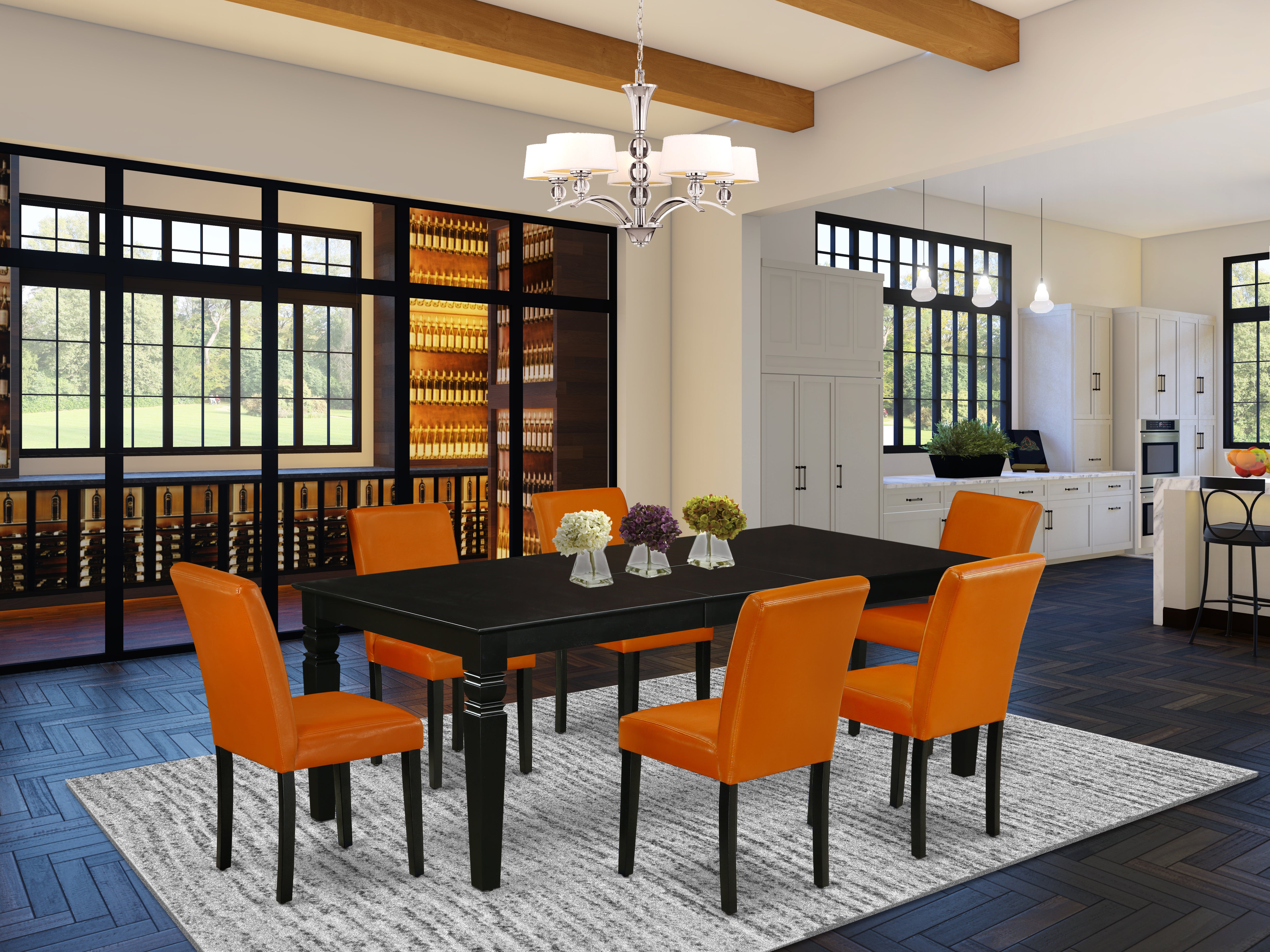 LGAB7-BLK-61 7Pc Rectangle 66/84" Kitchen Table With 18 In Self Storing Butterfly Leaf And Six Parson Chair With Black Leg And Pu Leather Color Baked Bean