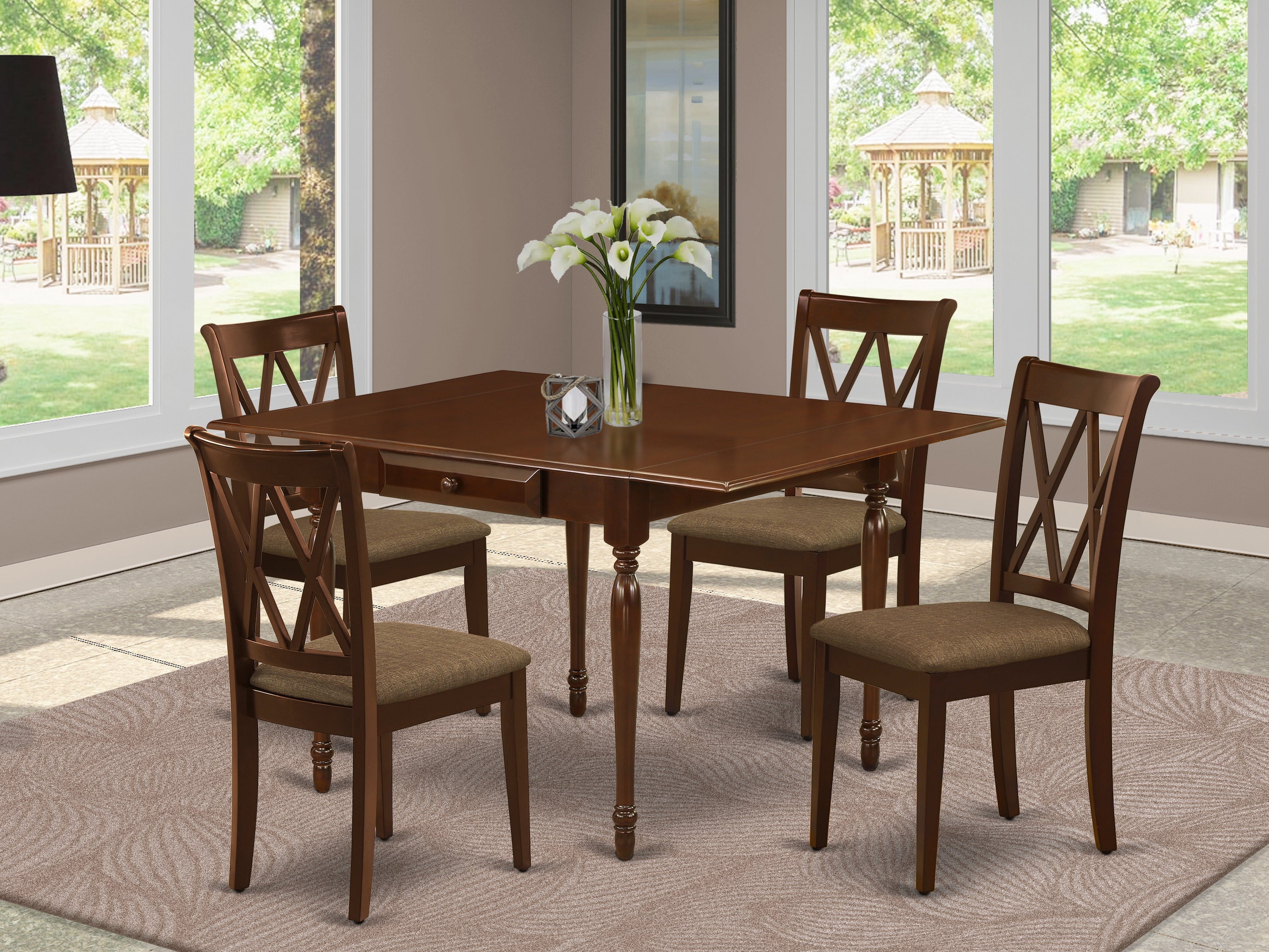 East West Furniture MZCL5-MAH-C 5Pc Wood Dining Table Set Offers a Wood Dining Table and 4 Wooden Dining Chairs with Microfiber Upholstery Seat, Drop Leaf Table with Double X Back Chairs, Mahogany Finish
